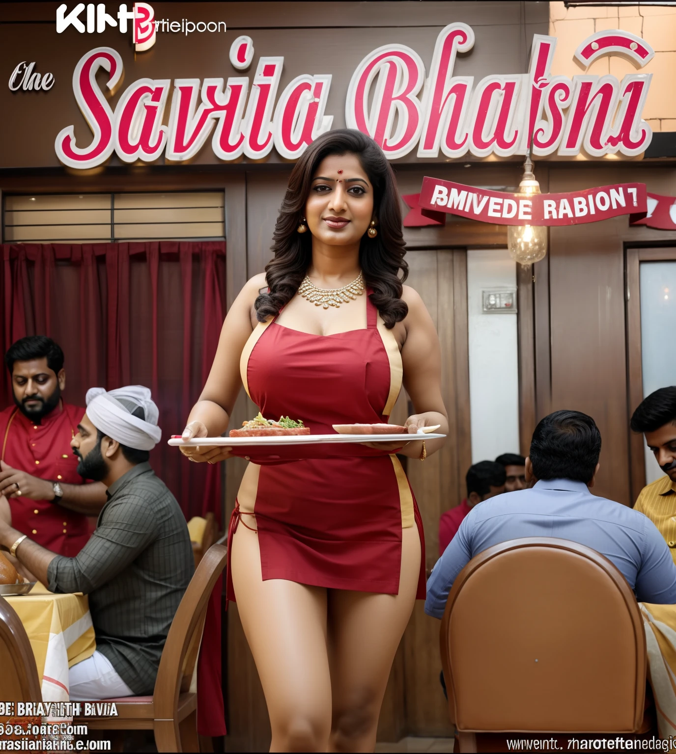 Make it real, realistic, savita bhabhi, opening of her restaurant, red apron, background blur