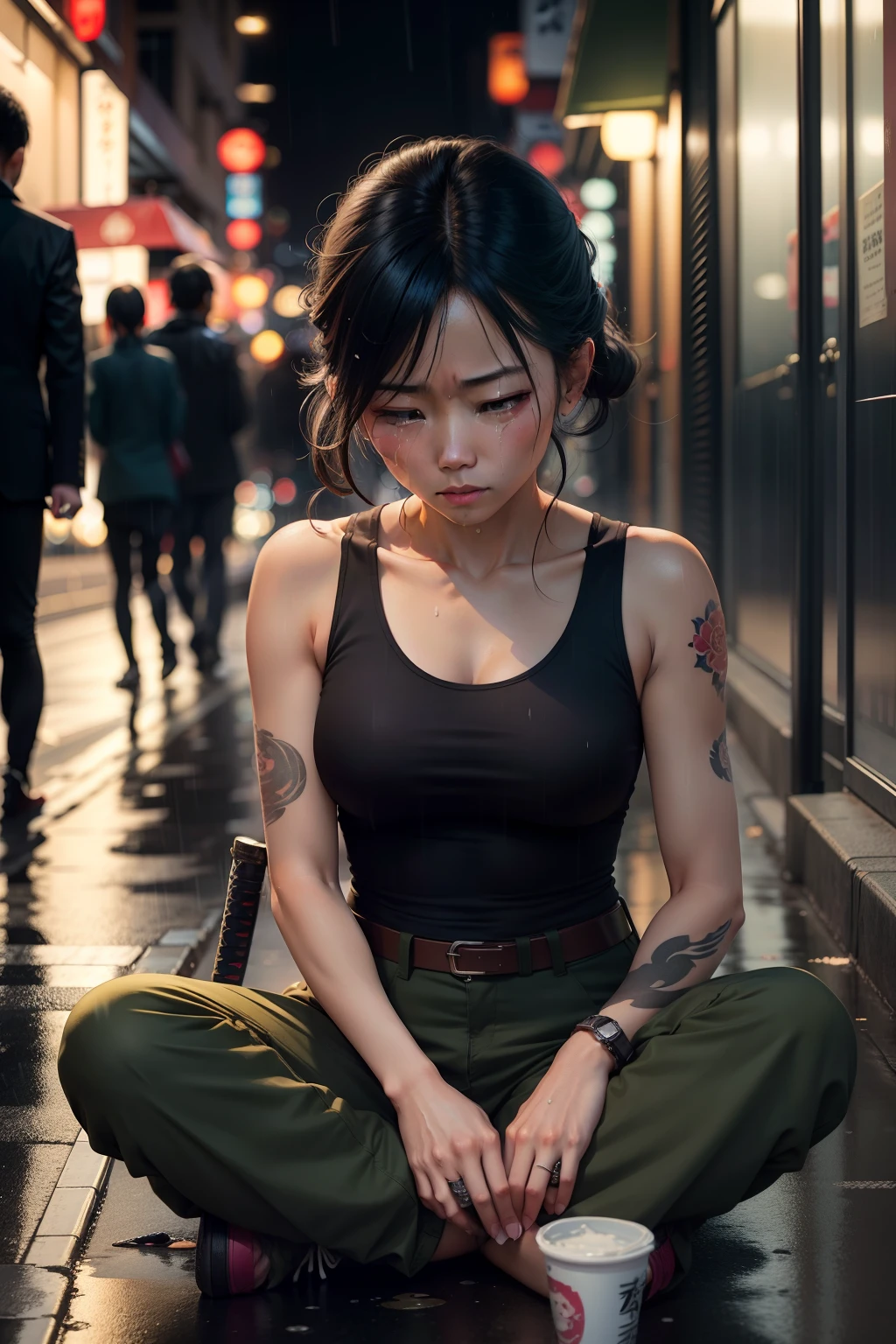 Japanese woman with yakuza tattoos wearing a tank top and military pants with a katana on a sitting on a sidewalk, crying with an expression of sadness as it rains on the street at night