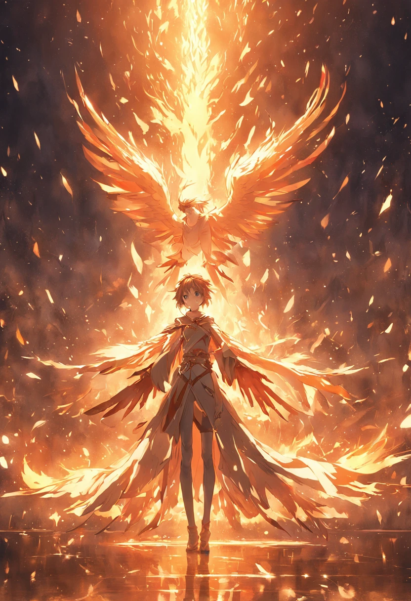 (Divine bird),(Fire Phoenix),(The fire outlined the phoenix's body),The phoenix flaps its wings,(Shining with golden light),solo,nigth,Multiple silhouettes,First-person elevation angle,super detailing,best qualtiy,masterpiece,(8K),Extremely detailed,Epic artwork