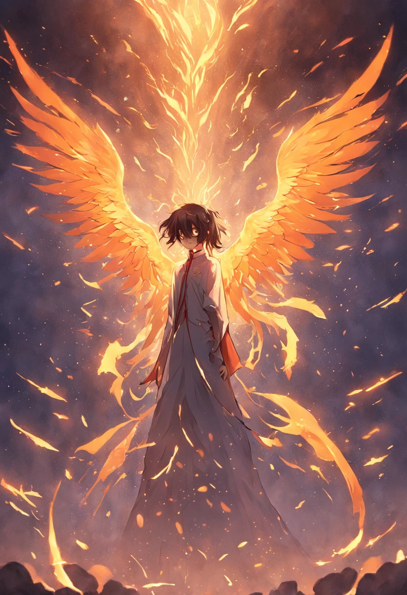 （Divine bird），（Fire Phoenix），（The fire outlined the phoenix's body)，The phoenix flaps its wings，(Shining with golden light)，solo,nigth,Multiple silhouettes，First-person elevation angle，super detailing，best qualtiy，masterpiece，（8K)，Extremely detailed，Epic artwork