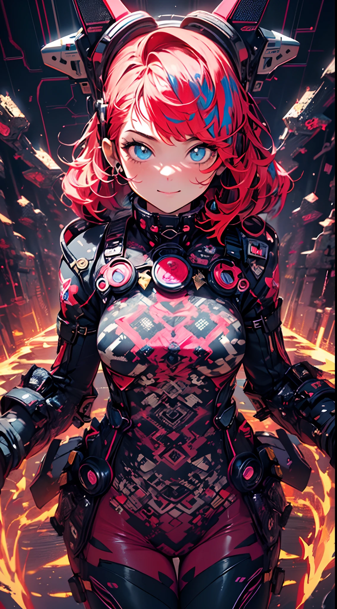 ((cyberpunked)),Optical camouflage、headset on head、Neon light、City of the Future、Glowing jumpsuit、(1girl in, Solo:1.6),(Cute smile),(Clothes are simple), (Best Impact:1.5), (maximalism:1.7), Vivid contrast, (Realistic), hyperrealistic illustrations, hight resolution, ultra-detailliert, absurderes,(Fractal Art:1.3)、Random hairstyle、Random hair color colorful、FULL BODYSHOT、Retro、Precise focus、randome pose、cinema4d、Drama