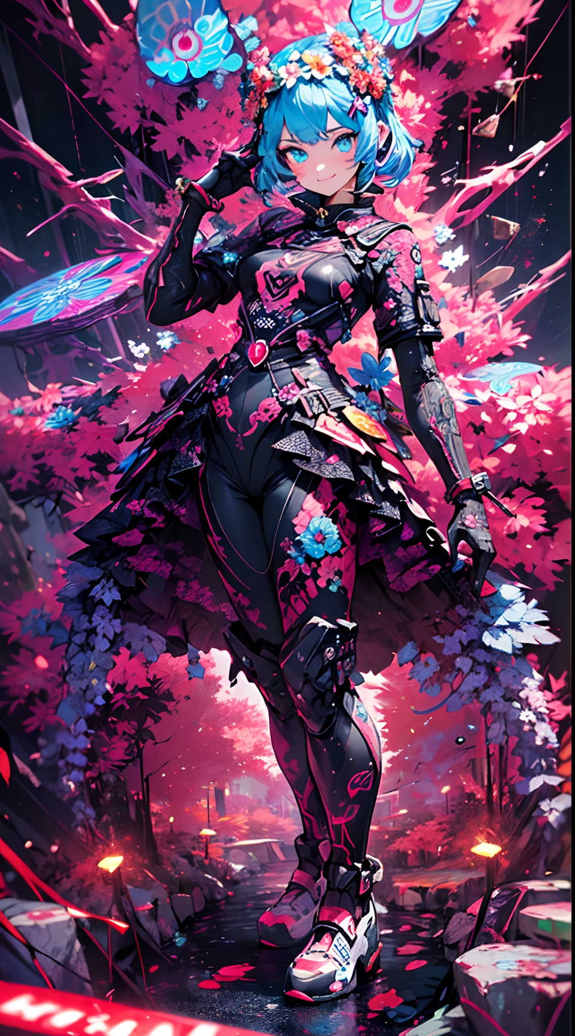 ((cyberpunked)),((flowercrown)),Optical camouflage、headset on head、Neon light、City of the Future、Glowing jumpsuit、(1girl in, Solo:1.6),(Cute smile),(Clothes are simple), (Best Impact:1.5), (maximalism:1.7), Vivid contrast, (Realistic), hyperrealistic illustrations, hight resolution, ultra-detailliert, absurderes,(Fractal Art:1.3)、Random hairstyle、Random hair color colorful、FULL BODYSHOT、Retro、Precise focus、randome pose、cinema4d、Drama