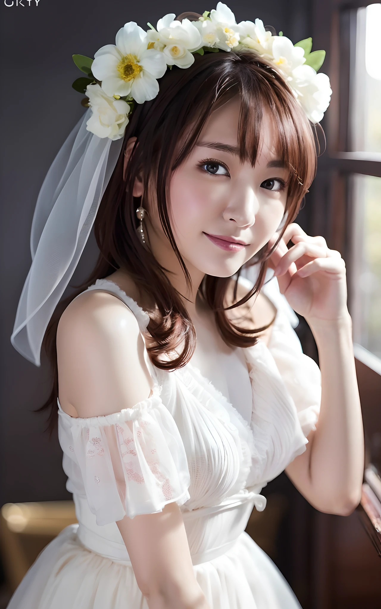 (Gacky∶1.2)、Highly detailed CG Unity 8K wallpapers、top-quality、ultra-detailliert、​masterpiece、realisitic、Photorealsitic、extremely detailed cute girl、(25-years old)、red blush、roundly eyes、Medium chest、the viewer、Semi-body shots、White wedding dresses、Valley
