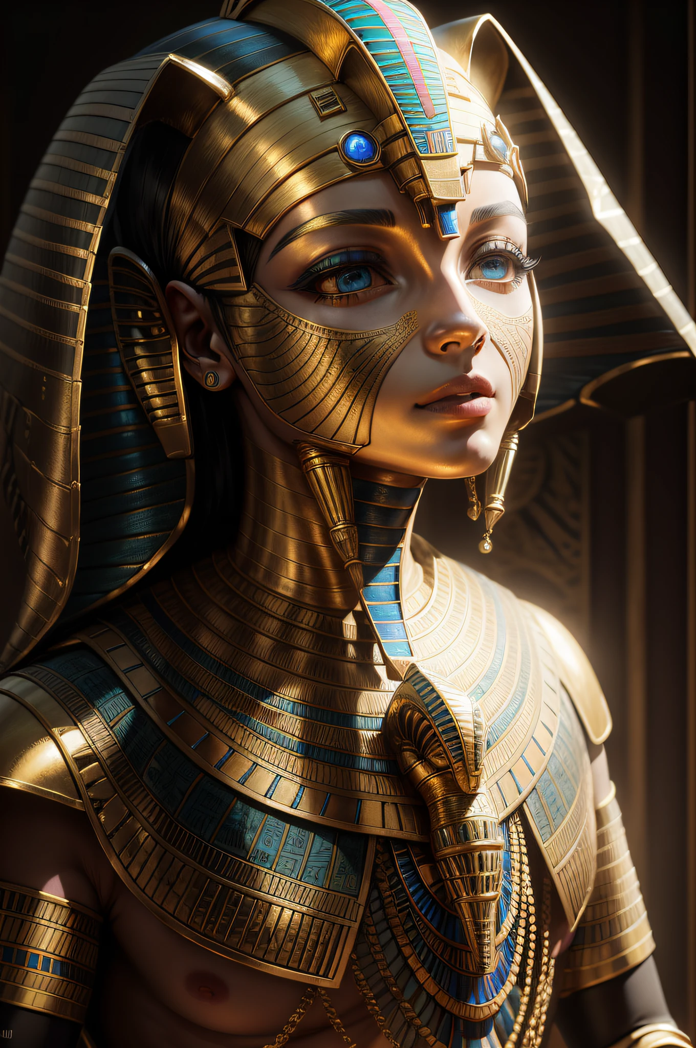 biomachine:1.3, (Egyptian Art:1.2), (colorido:1.2), dourado, ouro, Hans Giger, (zentangle:1.2), granulado, extremamente detalhado, detalhes intrincados, dynamic lighting, fotorrealista, luz natural, baixo h, obra prima, detalhado 8k