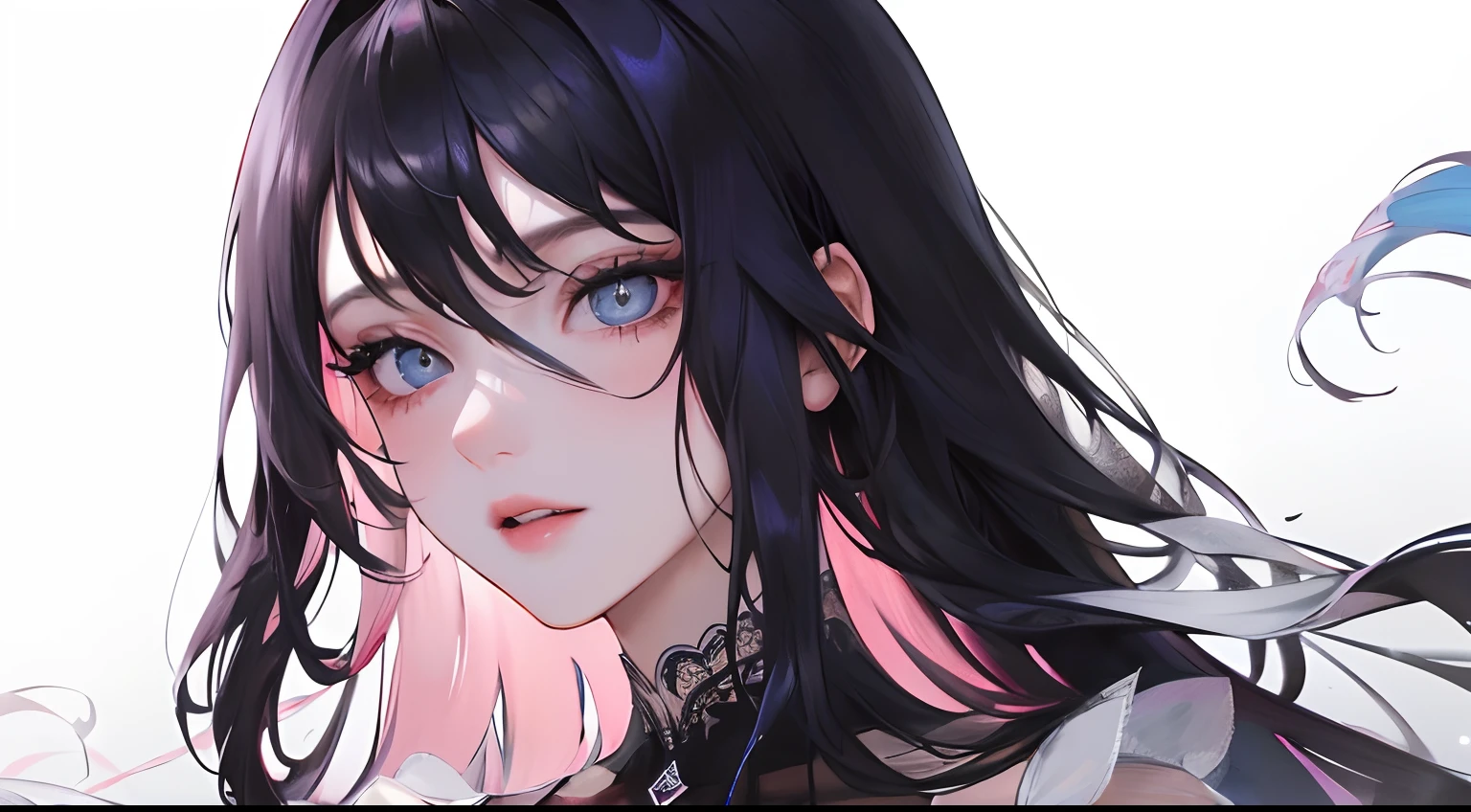 (Highest resolution, distinct_image) Best quality, A masterpiece of women, Highly detailed, 1womanl,solo person,Half realistic,(systemic),Pink Long Hair, bangs, 18 years old, Young,Black accessories,Short black lace skirt,,sharpy face,(blue color eyes, hair between eye), (Plain white background),(Standing painting),(Exquisite facial features, Exquisite facial features),adolable,Sweet