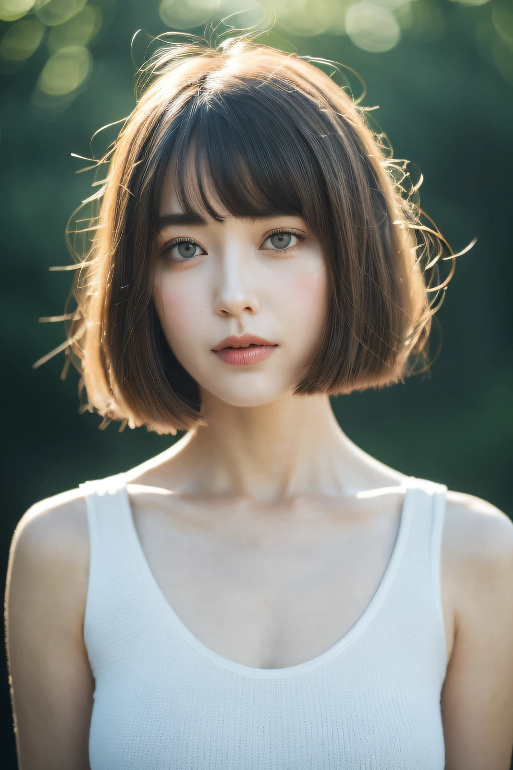beste Qualität, 걸작, Highres, 1girl, Beautiful and perfect face, Bob Layer Cut, Simple and tight dress, Complex Details, Cinematic feel, 8K, highlydetailed、Big boob、Shot from the waist up、hand on own chest,Distract your gaze、turning sideways、sideshot