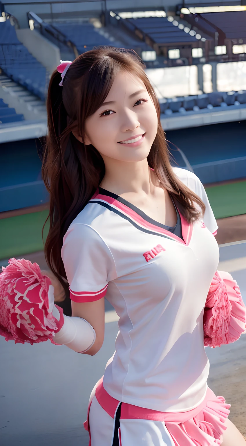 ((top-quality,8K,photographrealistic:1.4,masutepiece)),Back lighting, A cute Japanese woman, sixteen years old,(((cheerleaders:1.2))),((Baseball stadium seating background:1.2)),raise leg, Y-shaped balance, Black eye, Smile, A dark-haired,