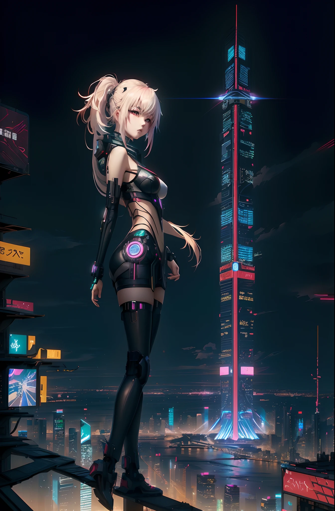Anime girl standing on a ledge overlooking the city at night, Cyberpunk Anime Girl, Digital Cyberpunk Anime Art, female cyberpunk anime girl, anime cyberpunk art, best anime 4k konachan wallpaper, digital cyberpunk - anime art, cyberpunk anime art, Cyberpunk anime girl mecha, in the cyberpunk city, modern cyberpunk anime, anime cyberpunk, an oppai cyberpunk, 4k anime wallpaper