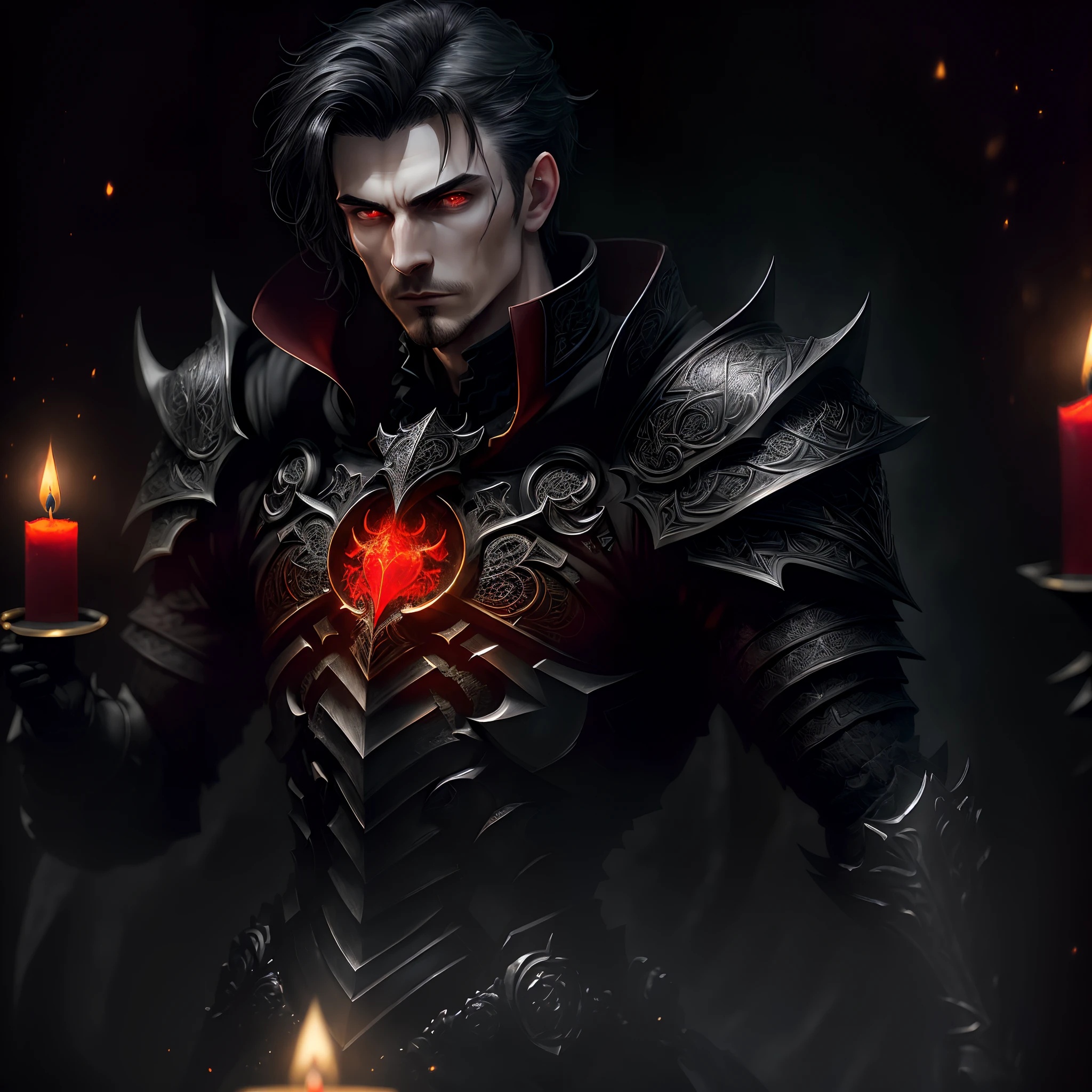 (full torso), style, realistic, ((intricate details)), full torso shot, cold, beautiful lighting, (pale gothic evil king), (male: 2.0), (black hair), (intricate), (engraved skeletal armor)), (intricate sharp obsidian crown), dynamic pose, windblown hair, perfect face, (realistic eyes), round iris, ((red eyes))), perfect, intricate, complex eyes, Helios 44-2, ((dark gothic background)), (candlelight), whirlpool bokeh, Trend at Artstation, Sharp focus, Studio photo, Intricate details, Highly detailed, sharp, DND character, (((Oil on canvas)), Perfect lighting, Masterpiece, Detailed background, Art by Artgerm and Greg Rutkowski, Cinematic lighting, 8K, Goatee,