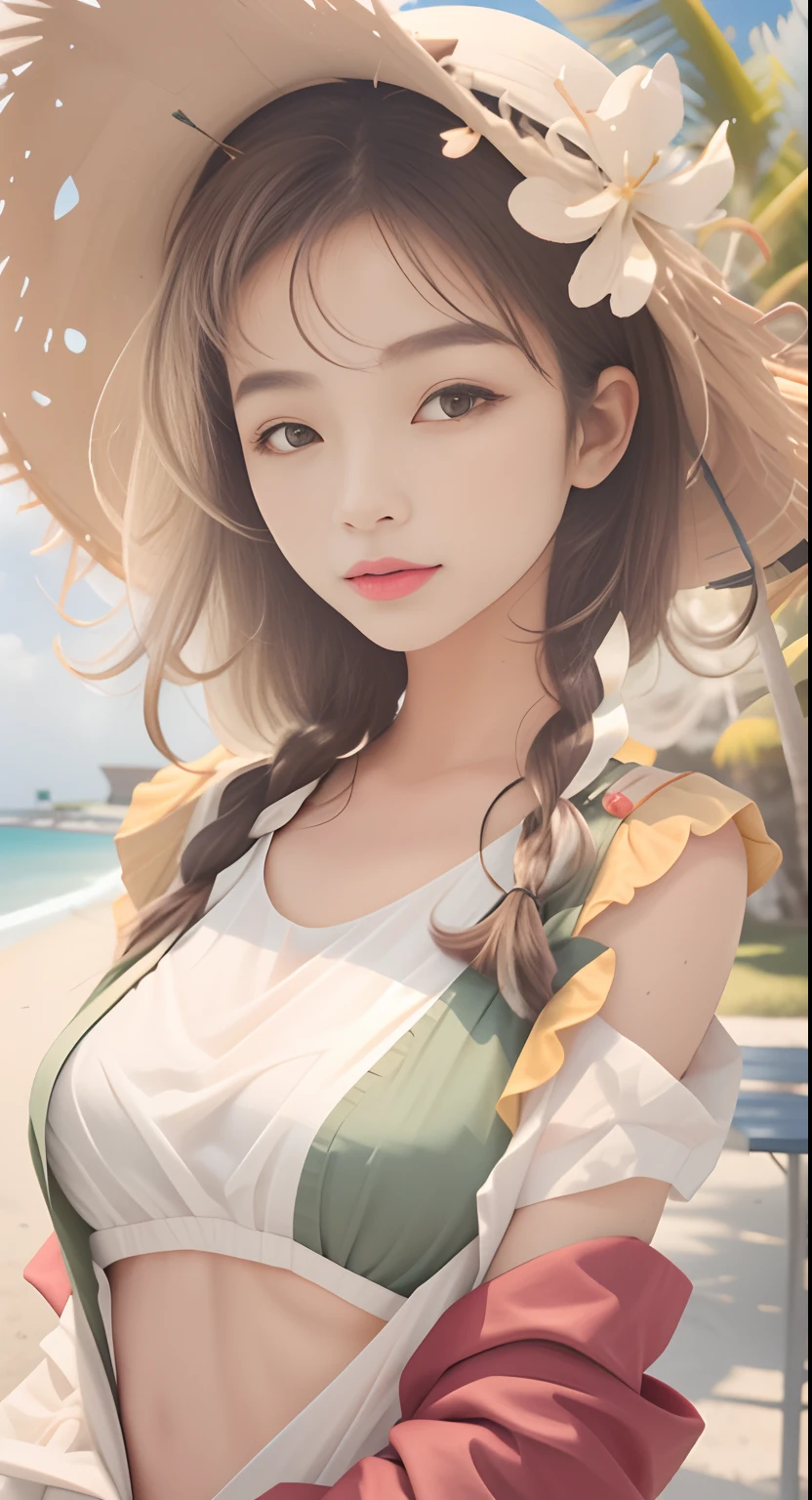 tmasterpiece，A girl，Seaside vacation， Gorgeous face，The color hair，Arms spread wide，Dita，Smooth skin，skin detailed，Straw Hat Hat，blossoms，Sun protective clothing，coconut，cellular phone，k hd，Photographic works