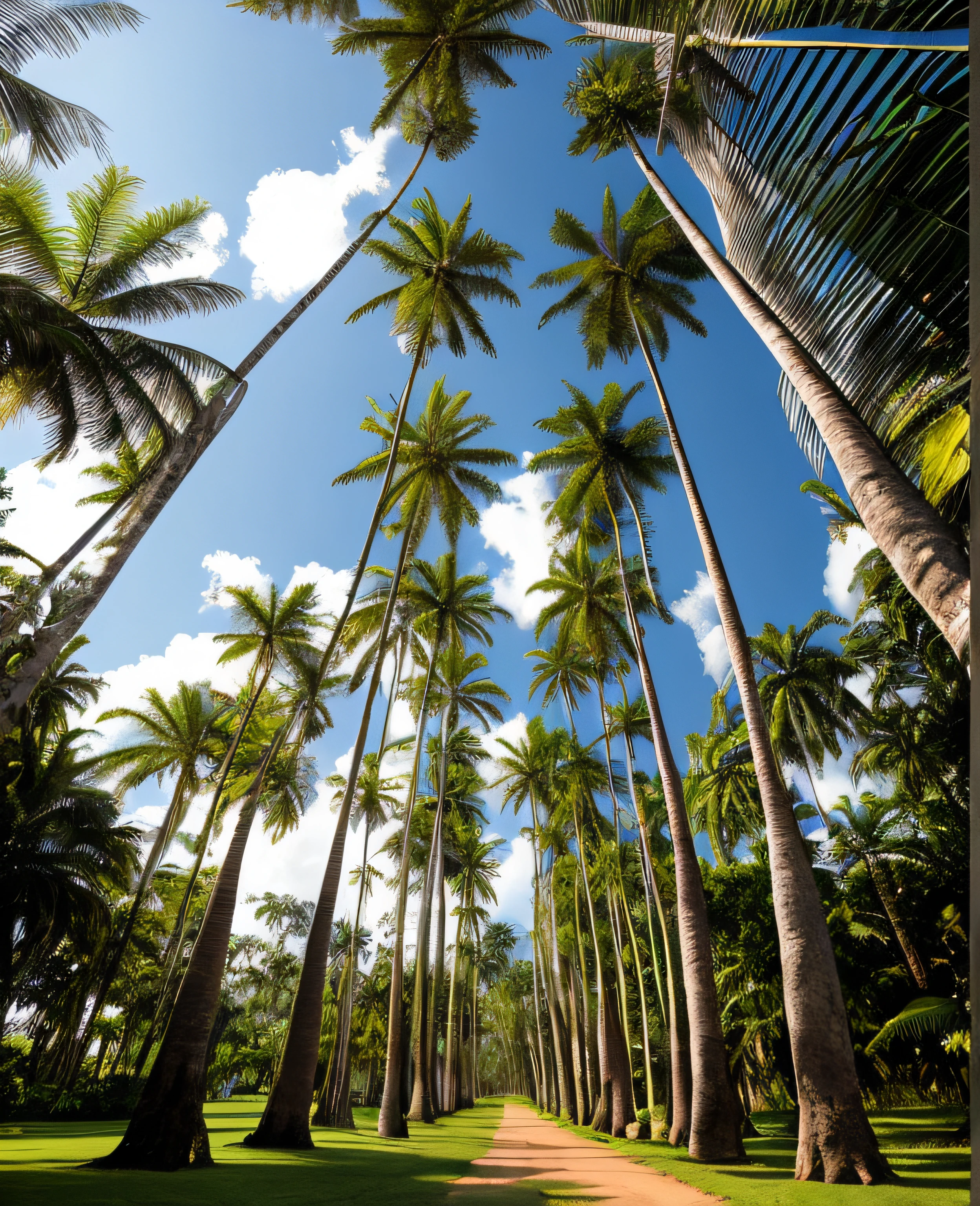 uma vista de uma estrada cercada por palmeiras em um parque, palmeiras james gurney, the palms come from the ground, blessing palms, magnificent super wide angle, tropical trees, fotografia grande angular, the palms come from the depths, Coqueiros, Coqueiros, fotografia de lente grande angular, palmeiras, palmeiras tropicais, fotografia grande angular, exotic trees