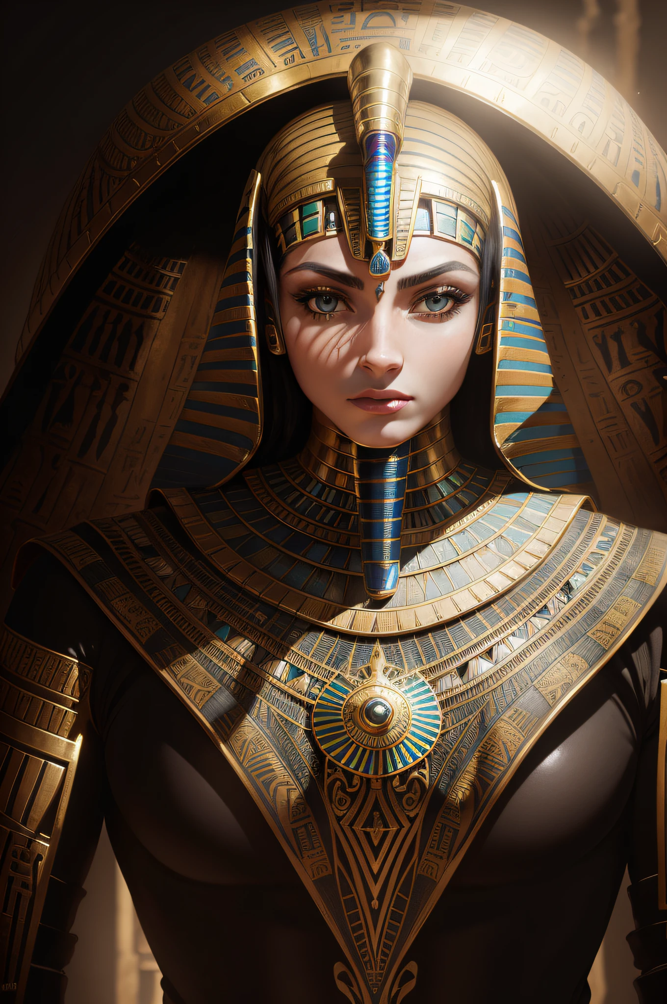 biomachine:1.3, (Egyptian Art:1.2), (colorido:1.2), dourado, ouro, Hans Giger, (zentangle:1.2), granulado, extremamente detalhado, detalhes intrincados, dynamic lighting, fotorrealista, luz natural, baixo h, obra prima, detalhado 8k
