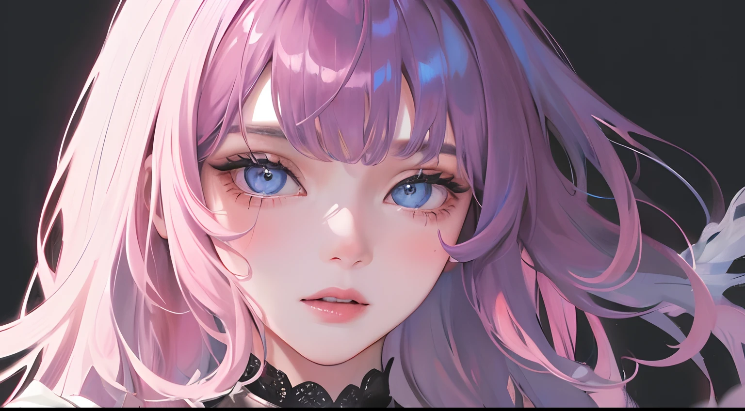 (Highest resolution, distinct_image) Best quality, A masterpiece of women, Highly detailed, 1womanl,solo person,Half realistic,(systemic),Pink Long Hair, bangs, 18 years old, Young,Black accessories,Short black lace skirt,,sharpy face,(blue color eyes, hair between eye), (Plain white background),(Standing painting),(Exquisite facial features, Exquisite facial features),adolable,Sweet