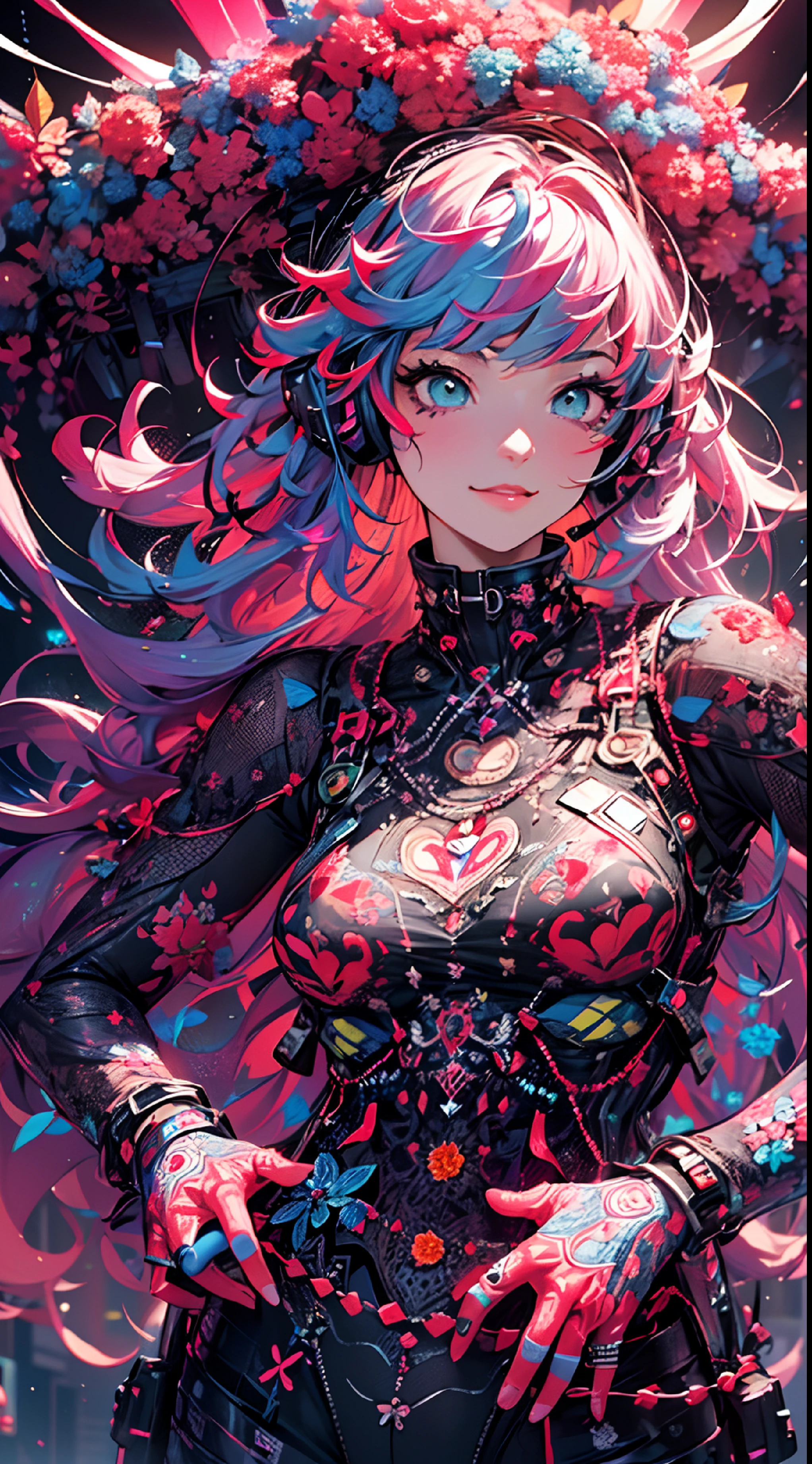 ((cyberpunked)),((flowercrown)),Optical camouflage、headset on head、Neon light、City of the Future、Glowing jumpsuit、(1girl in, Solo:1.6),(Cute smile),(Clothes are simple), (Best Impact:1.5), (maximalism:1.7), Vivid contrast, (Realistic), hyperrealistic illustrations, hight resolution, ultra-detailliert, absurderes,(Fractal Art:1.3)、Random hairstyle、Random hair color colorful、FULL BODYSHOT、Retro、Precise focus、randome pose、cinema4d、Drama