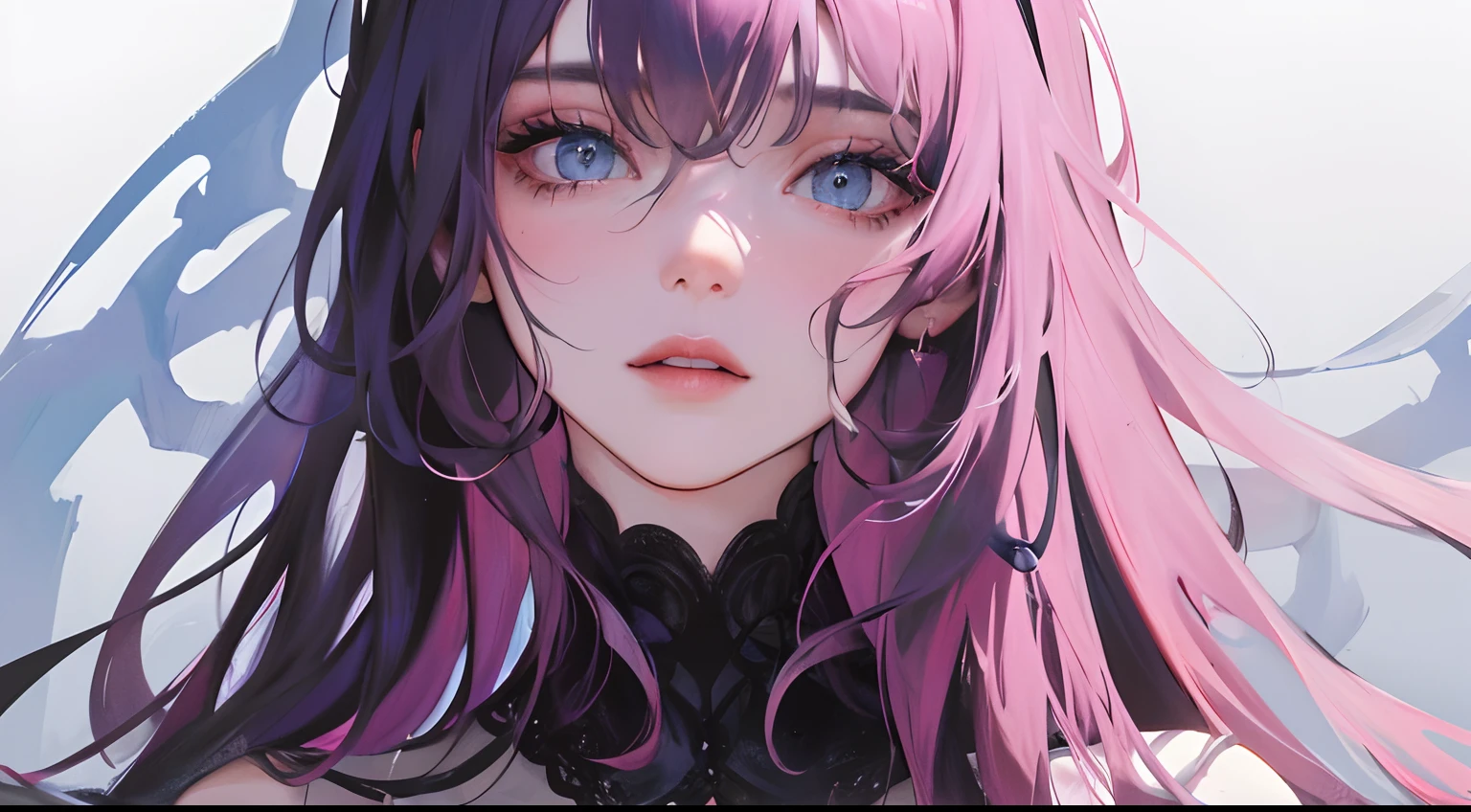 (Highest resolution, distinct_image) Best quality, A masterpiece of women, Highly detailed, 1womanl,solo person,Half realistic,(systemic),Pink Long Hair, bangs, 18 years old, Young,Black accessories,Short black lace skirt,,sharpy face,(blue color eyes, hair between eye), (Plain white background),(Standing painting),(Exquisite facial features, Exquisite facial features),adolable,Sweet