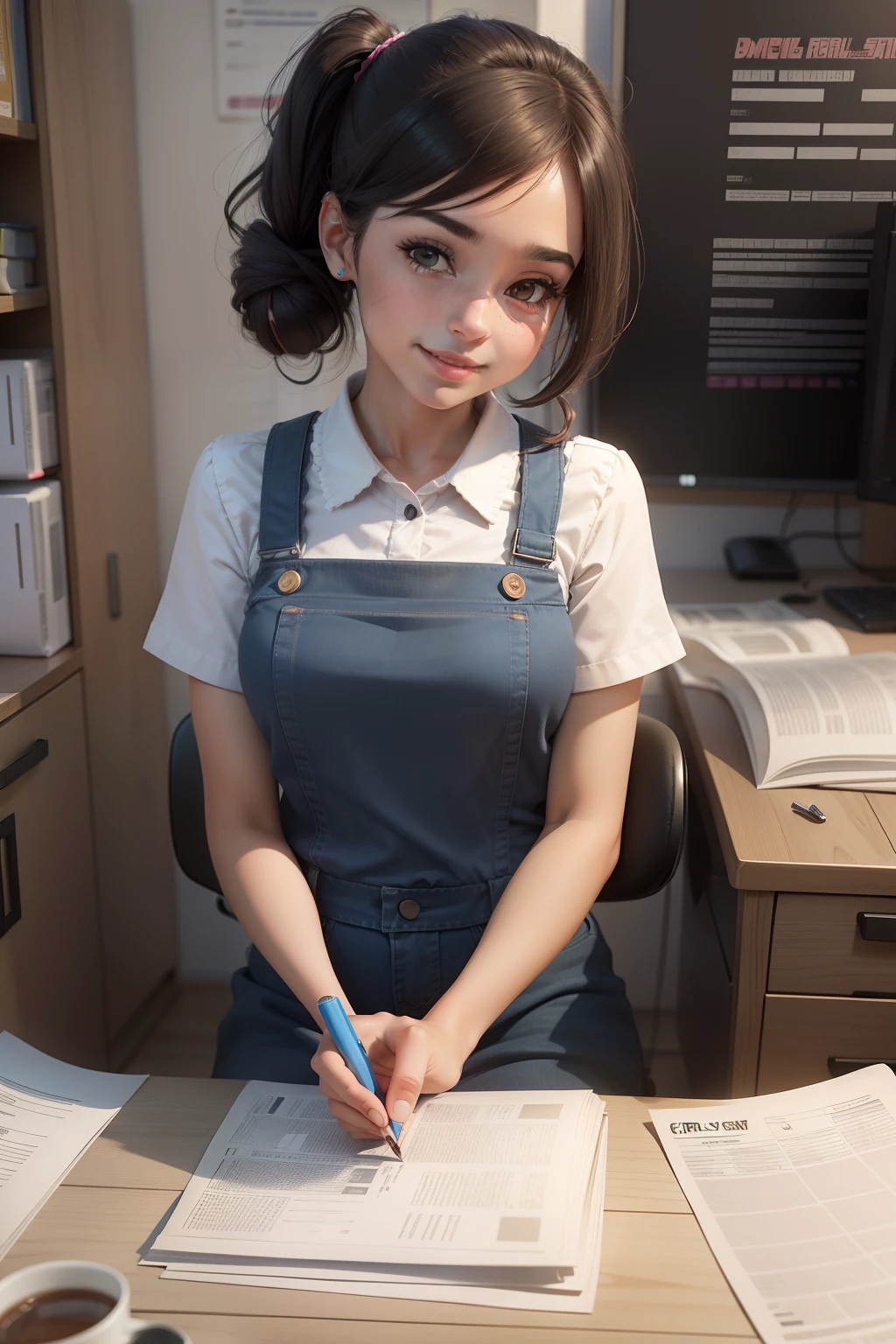 Girl writing daily newspaper at work,Need,tmasterpiece,Frontal photo,ssmile,3D style