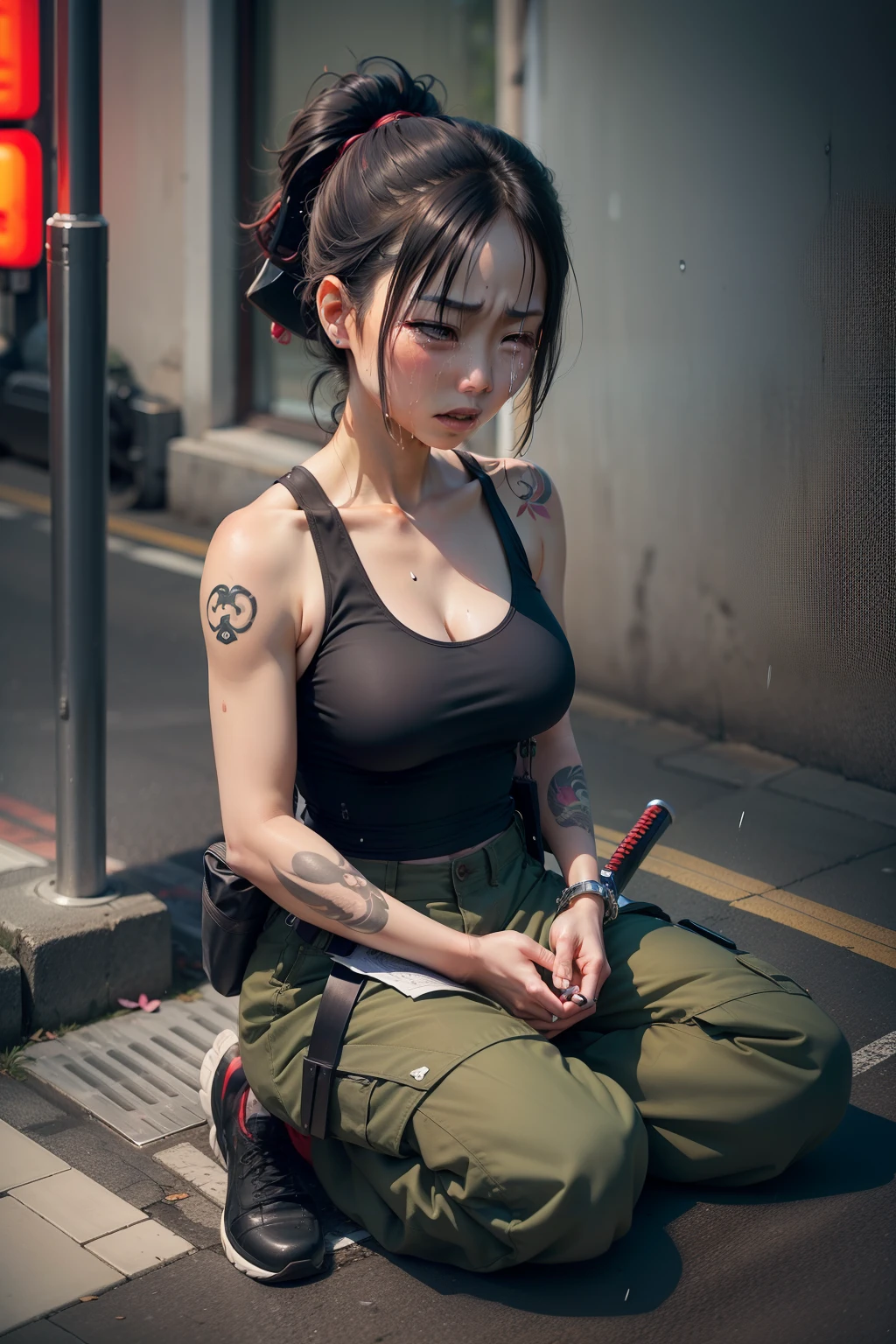 Japanese woman with yakuza tattoos and cybernetic implants wearing a tank top and military pants with a katana in a sitting on a sidewalk, crying with an expression of sadness as it rains on the street at night
