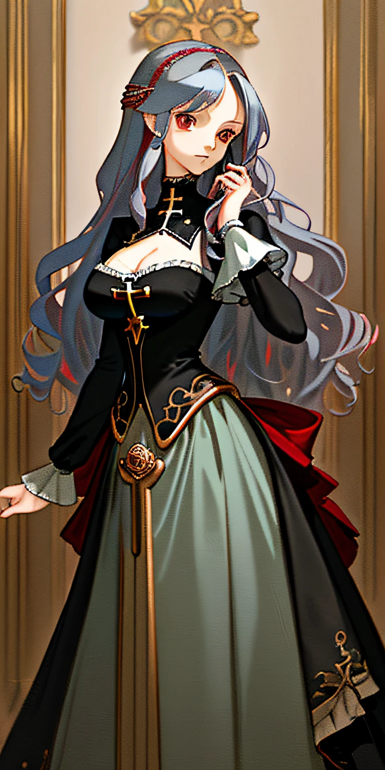 (masterpiece, best quality:1.4) ,(tmasterpiece,best qualtiy),Standing painting,Lori huge breasts cleavage,Rose red eyes,Blue-gray hair color,figure eight bangs,medium long curly hair,((Cross element)),lady,Slim skirt,glomy,ellegance