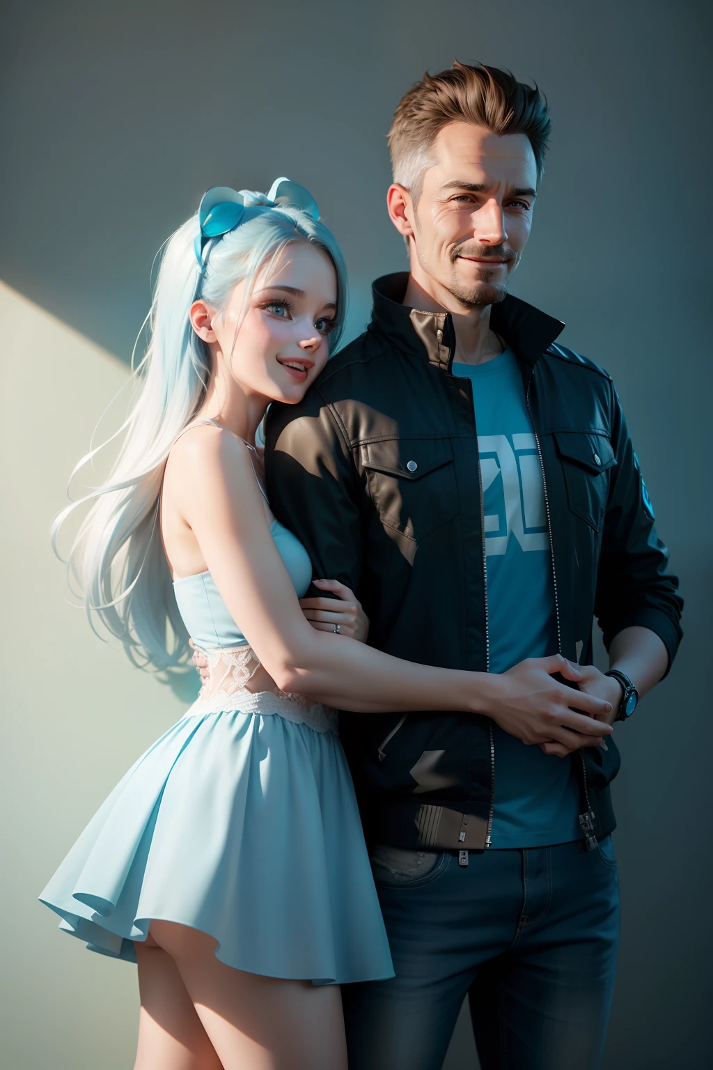 Cover about a relationship with two happy people, Unreal Engine, Wall Decal, Editorial Photography, Light Blue Background, 3D, Full-HD, Point, Good, Infused