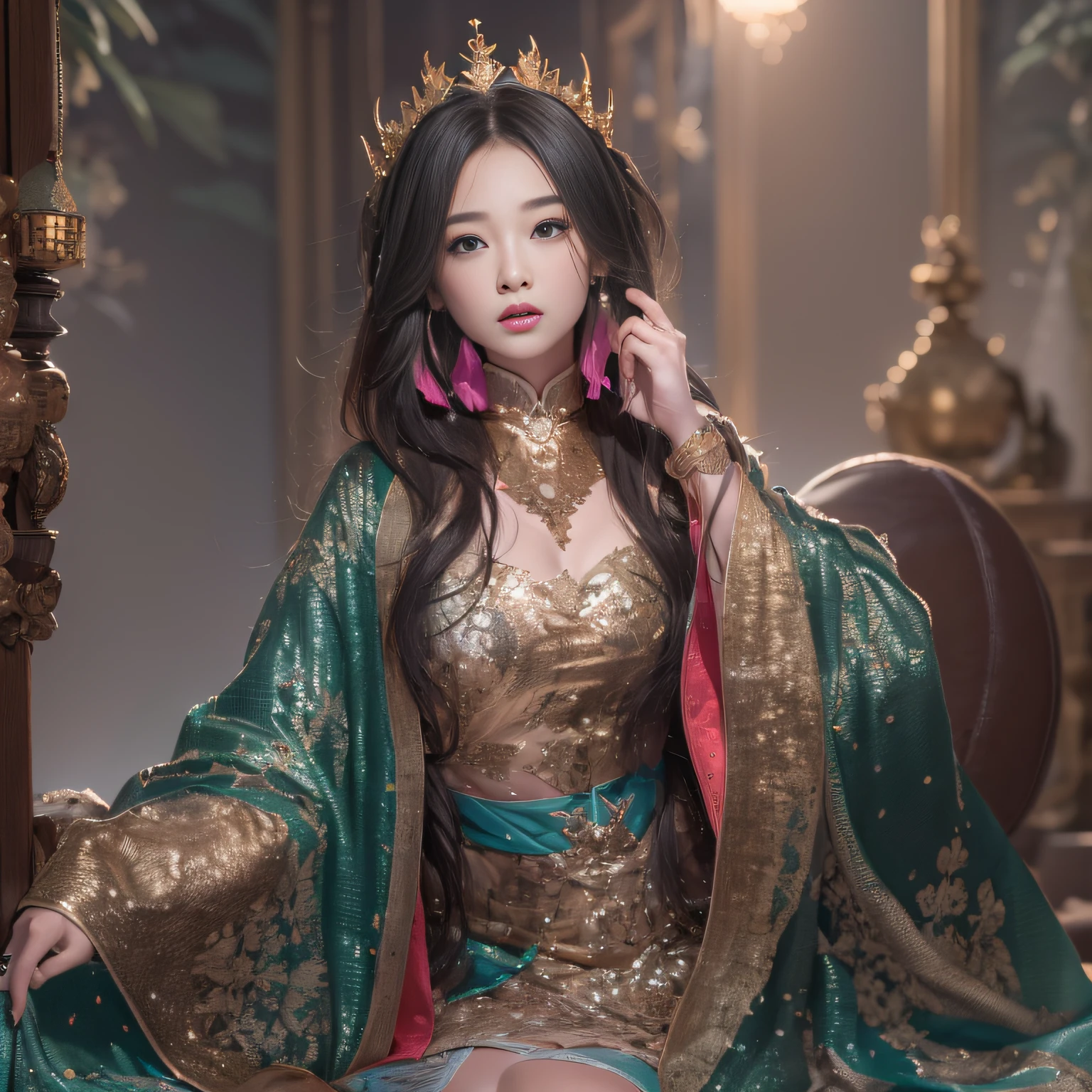 32K(tmasterpiece,k hd,hyper HD,32K)short detailed hair,Gold jewelry area in the back room,Flame Girl ,Yao Lang protector (realisticlying:1.4),Python pattern robe,Purple-pink tiara,Snowflakes fluttering,The background is pure,Hold your head high,Be proud,The nostrils look at people, A high resolution, the detail, RAW photogr, Sharp Re, Nikon D850 Film Stock Photo by Jefferies Lee 4 Kodak Portra 400 Camera F1.6 shots, Rich colors, ultra-realistic vivid textures, Dramatic lighting, Unreal Engine Art Station Trend, cinestir 800,Hold your head high,Be proud,The nostrils look at people