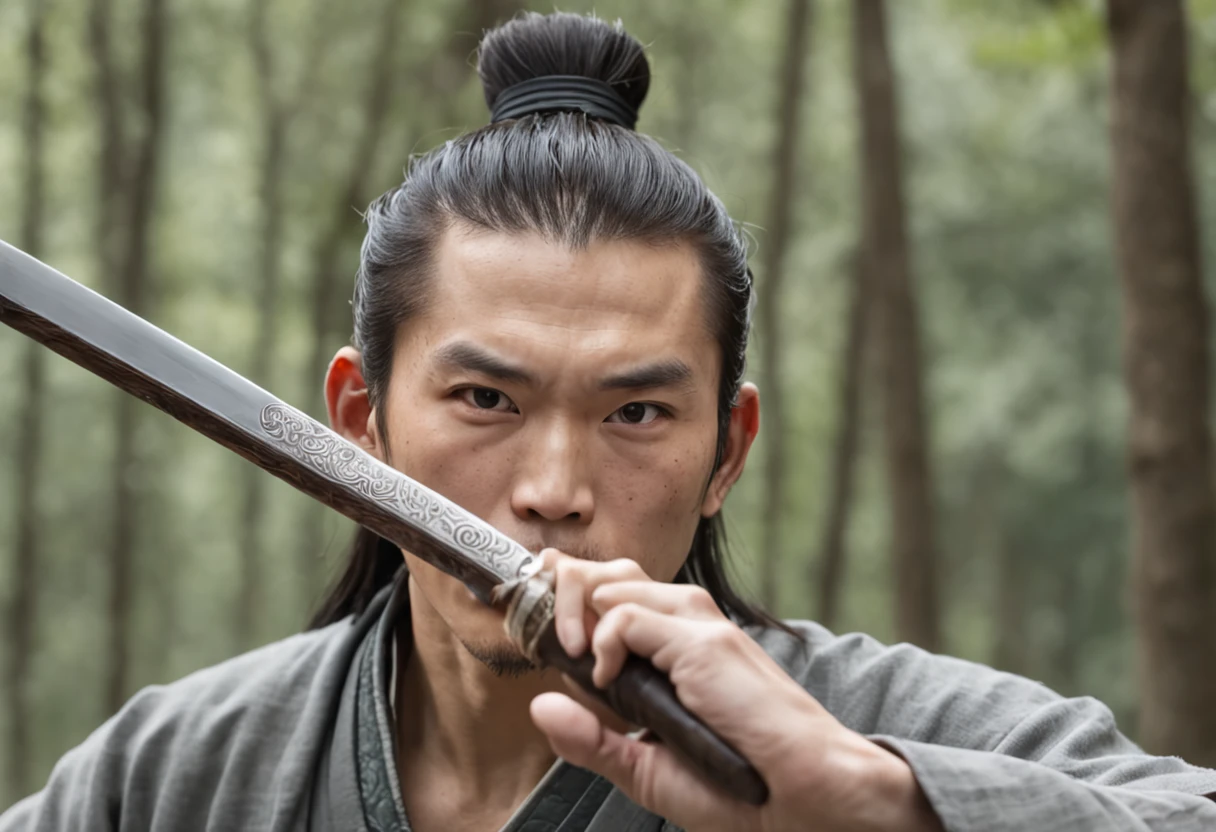 an extreme closeup shot:Young male swordsman of the Song Dynasty,Hair soars,Wielding a long sharp knife,The eyes are cold。Fighting posture,Motion blur,perfect hand,Bamboo forest in the wind,lightand shade contrast,top views,Focus on people。Depth of field 1.5。Chinese ink splash painting style,Drawn by Zhang Daqian。