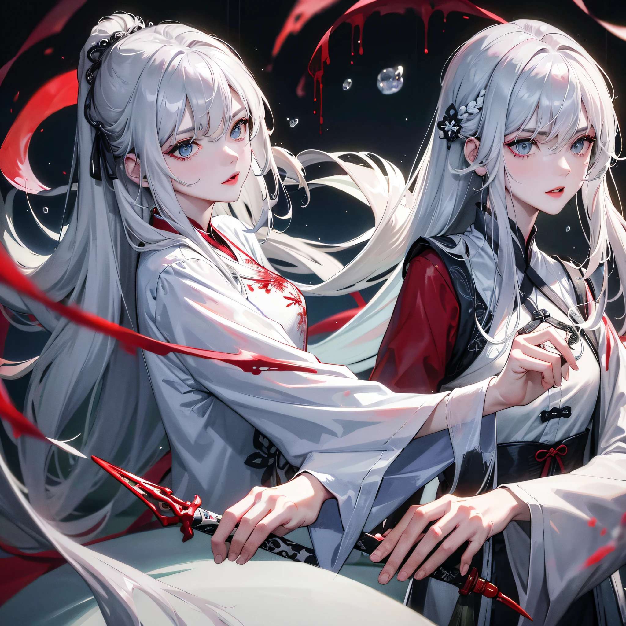 Masterpiece, Superb Class, Night, Outdoor, Rainy Day, Branches, Chinese Style, Ancient China, 1 Woman, Mature Woman, Silver-White Long-Haired Woman, Gray-Blue Eyes, Pale Pink Lips, Indifference, Seriousness, Bangs, Assassin, Sword, White Clothes, Blood, Blood, Violence, Death, Injury, Blood, Facial Bloodstain, Facial Details, Facial Details,