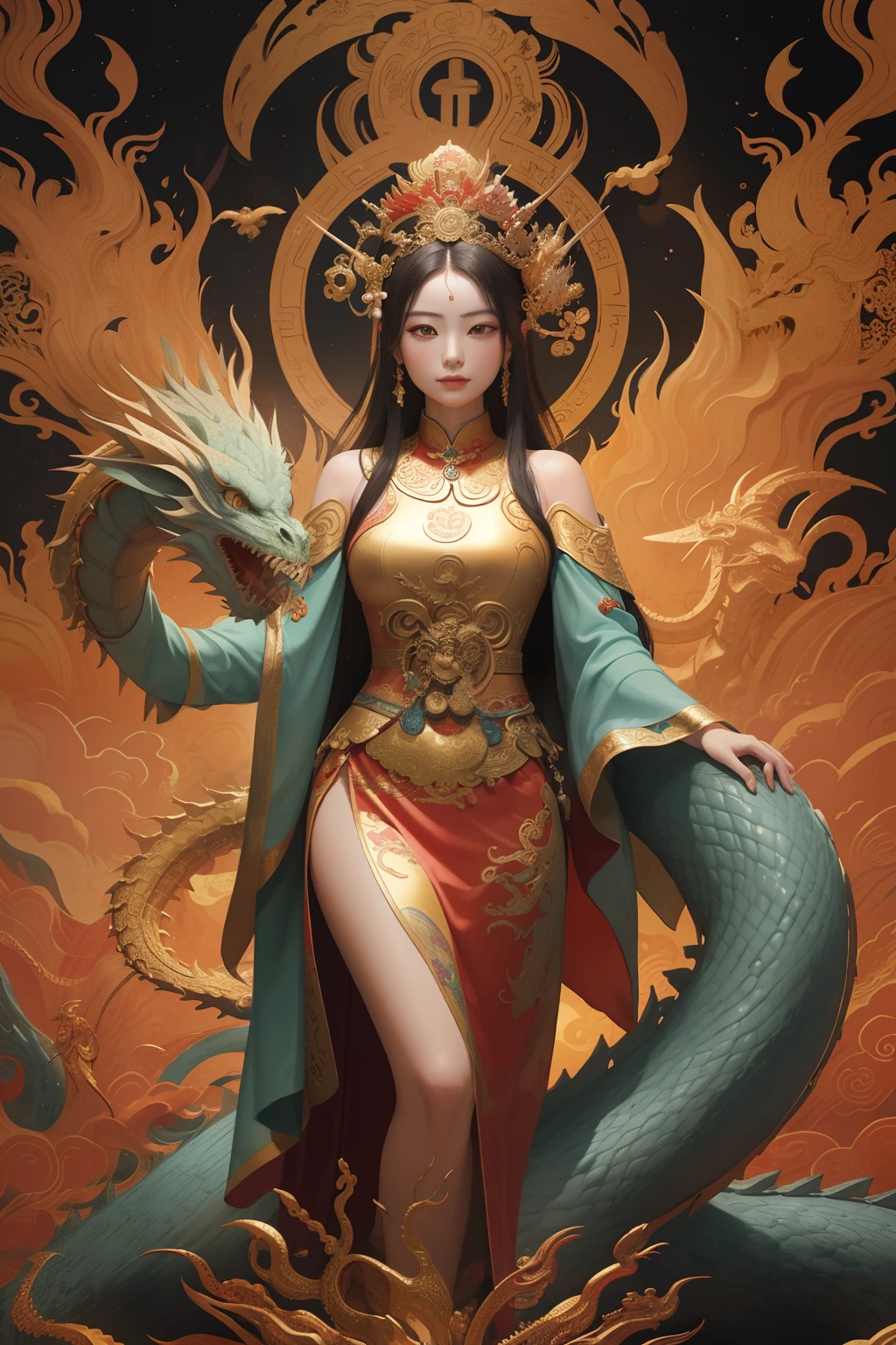 an ancient Chinese goddess, guanyin of the southern seas, Guanyin, Inspired by China, Avalokiteshvara rides a dragon，,Serene expression,shui mo hua,Buddha,Buddhist,Lotus,Chinese painting style,Thangka style