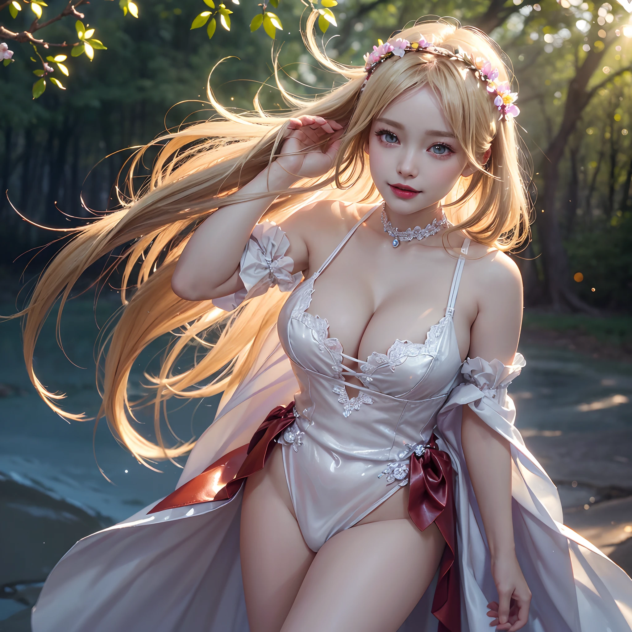 ((NSFW_STILL_SHOW、David Hamilton))、Oppai- Twins、{(Strong wind|Floating Blonde hair)}、{(From Below:1.2|FullBody:1.2)}、Wide Shot、((Masterpiece:1.2, Photorealsitic:1.37))、8K Bestquality、((Detailed KAWAII Face))、Bright Shining Perfect eyes、zydG、{(Childish|Gigantic Cleavage:1.37)}、(Detailed open crotch、Detailed Oily Porcelain skin textures)、No Underwear:2、extremely detailed、Flowers、Transparent celestial robe、{Dark Red Leather High Collar|Red lip}、Smooth shading、Soft Lighting with many Follow lights、clear focused、bokeH、{ssmile|perplexed|seductiv|Flower wreath|Princess Tiara}、forest lakeside、(Light Particles:1.2, Lens Flare, Luminescent Particles:1.2、Fantastic atmosphere)、Dynamic Pose、