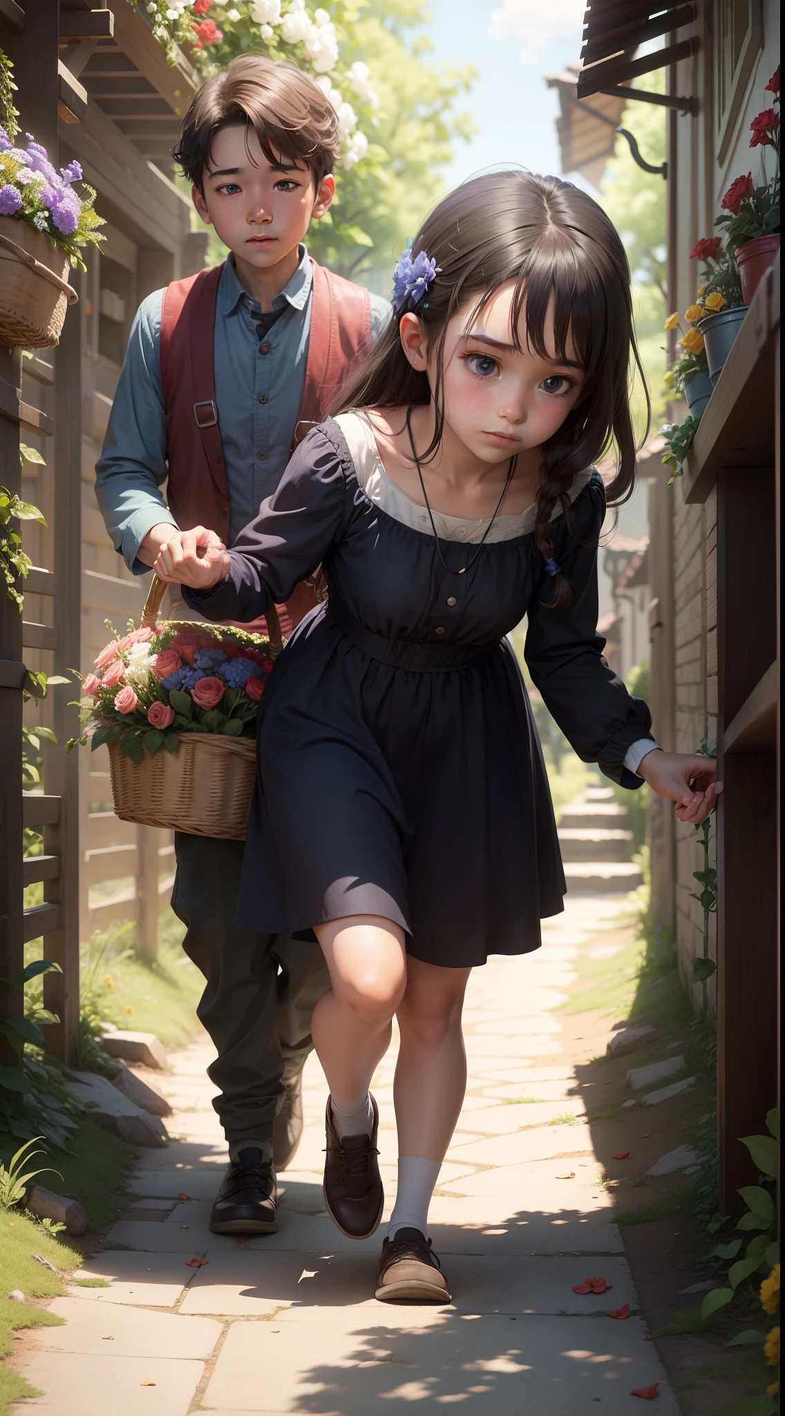 The village pathway where a girl accidentally bumps into a boy, dropping her basket of flowers while he extends a hand to help her, their eyes meeting for the first time.
