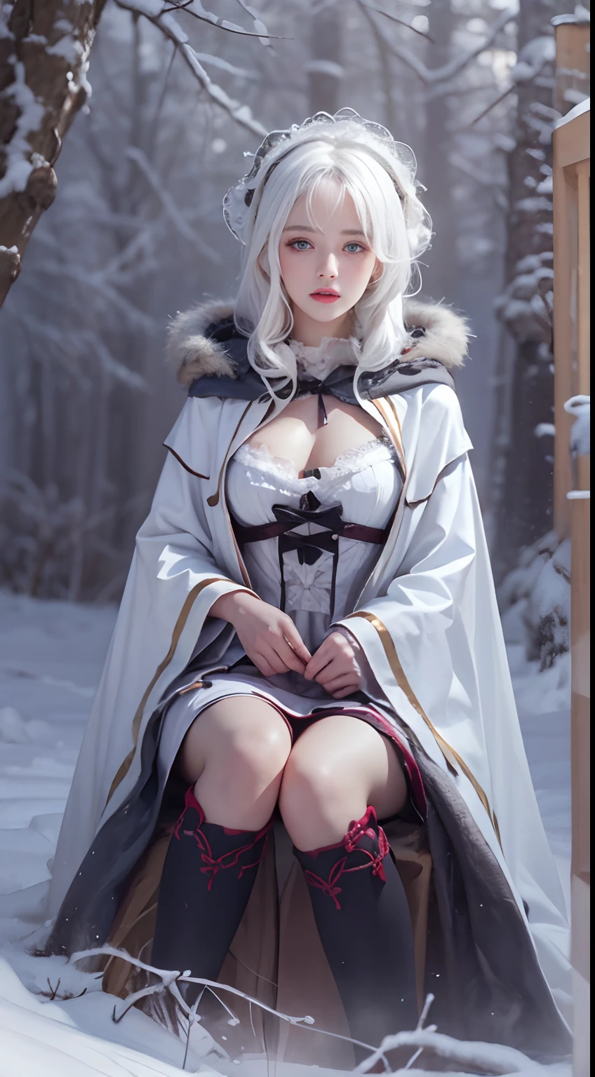 Photorealistic, high resolution, 1 Women, Solo, Hips up,(Lolita costume), Beautiful eyes, White hair, ringed eyes, (Sit,Cloak,),snowfield,
