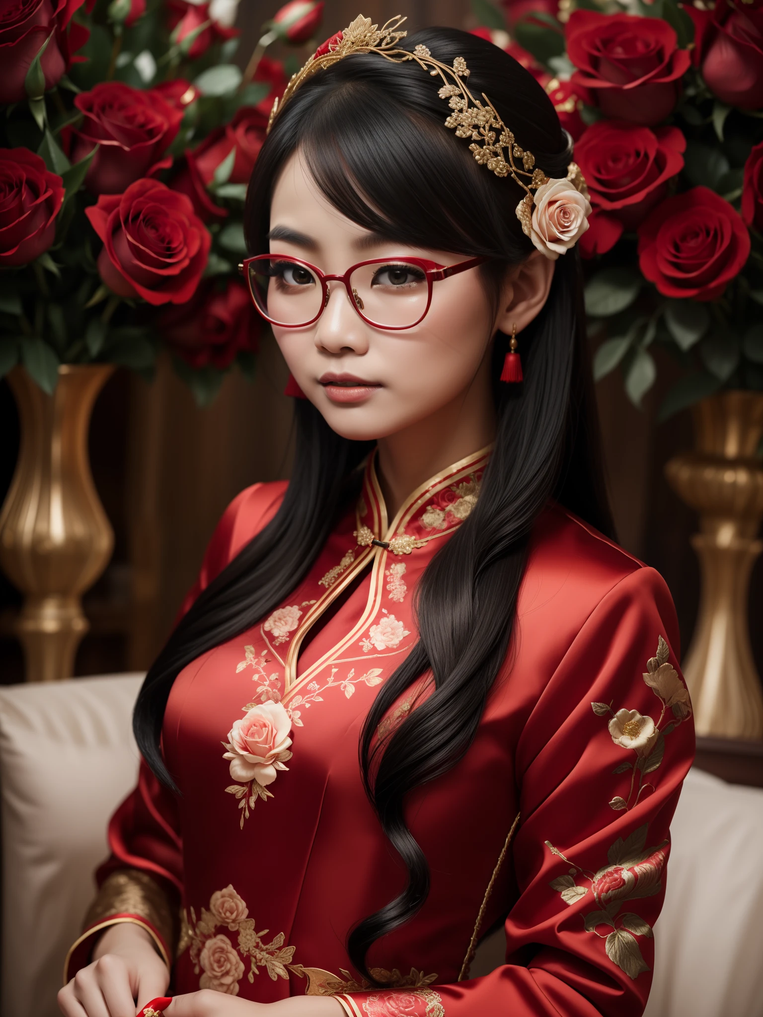 (the detail)(4K)(1 girl)Wearing a red Chinese wedding dress,Red roses in hand,black color hair,Black eyes,Wearing gold wire glasses,Wait for the groom