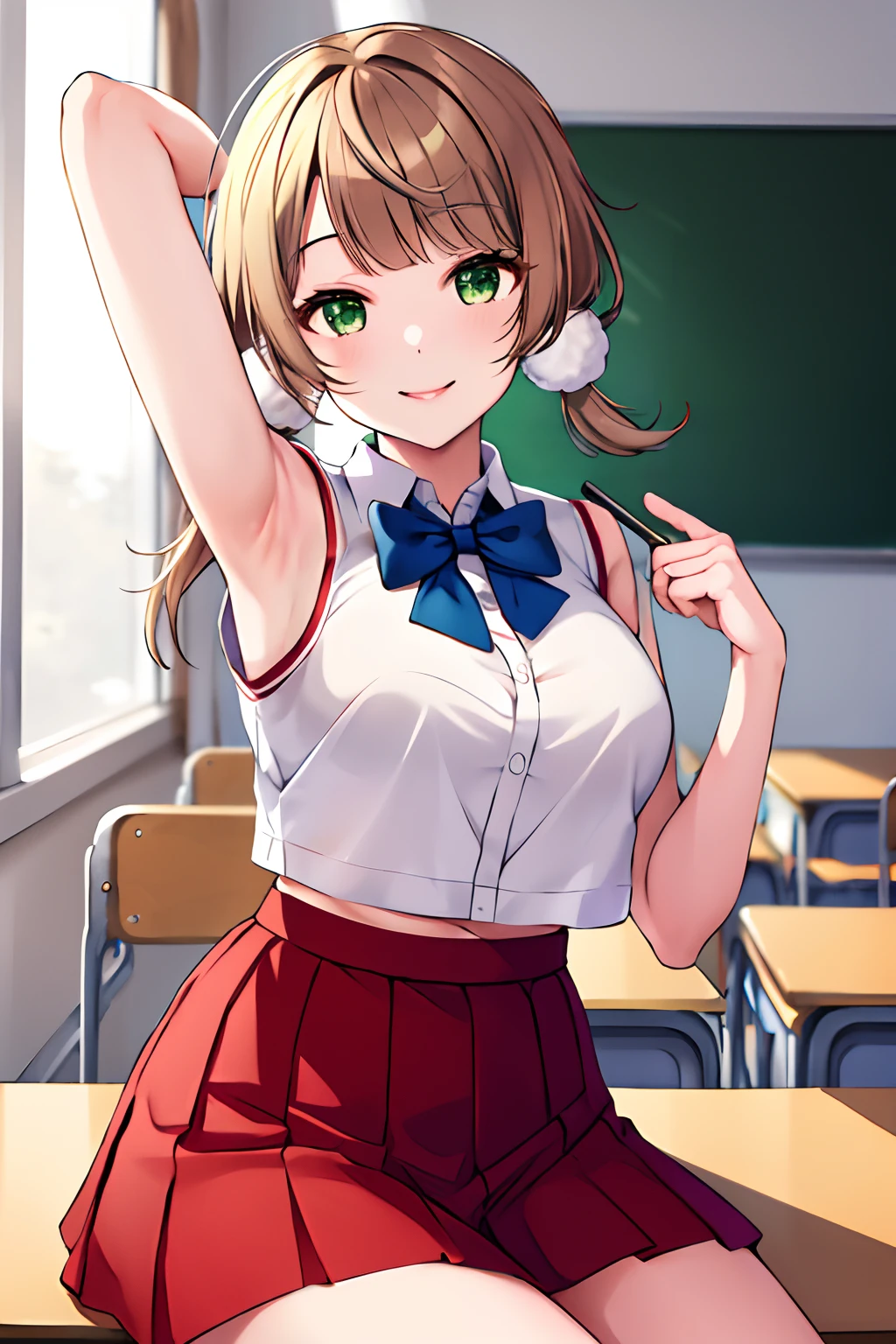 masterpiece, best quality, highres, ui2, 1girl, solo, green eyes, solo, red skirt, white shirt, low twintails, pom pom, sport bra, blue bow, pleated skirt, cowboy shot, sitting, classroom, desk, hand on table, smile, prenting armpit, arm up
