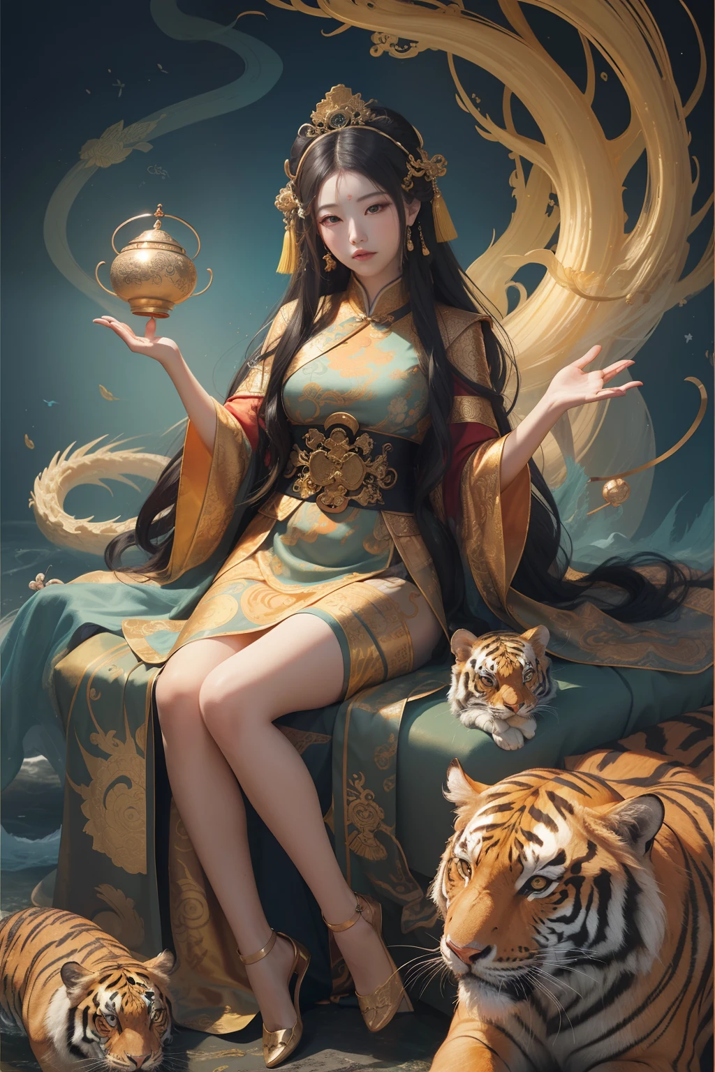 an ancient Chinese goddess, guanyin of the southern seas, Guanyin, Inspired by China, Avalokiteshvara rides a tiger,,Serene expression,shui mo hua,Buddha,Buddhist,Lotus,Chinese painting style,Thangka style