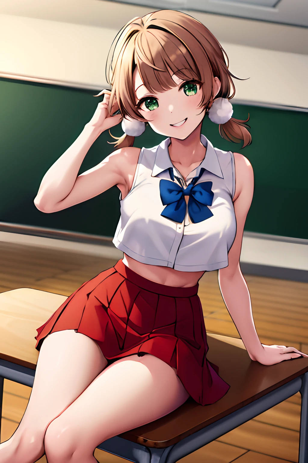 masterpiece, best quality, highres, ui2, 1girl, solo, green eyes, solo, red skirt, white shirt, low twintails, pom pom, sport bra, blue bow, pleated skirt, cowboy shot, sitting, classroom, desk, hand on table, smile, prenting armpit, arm up