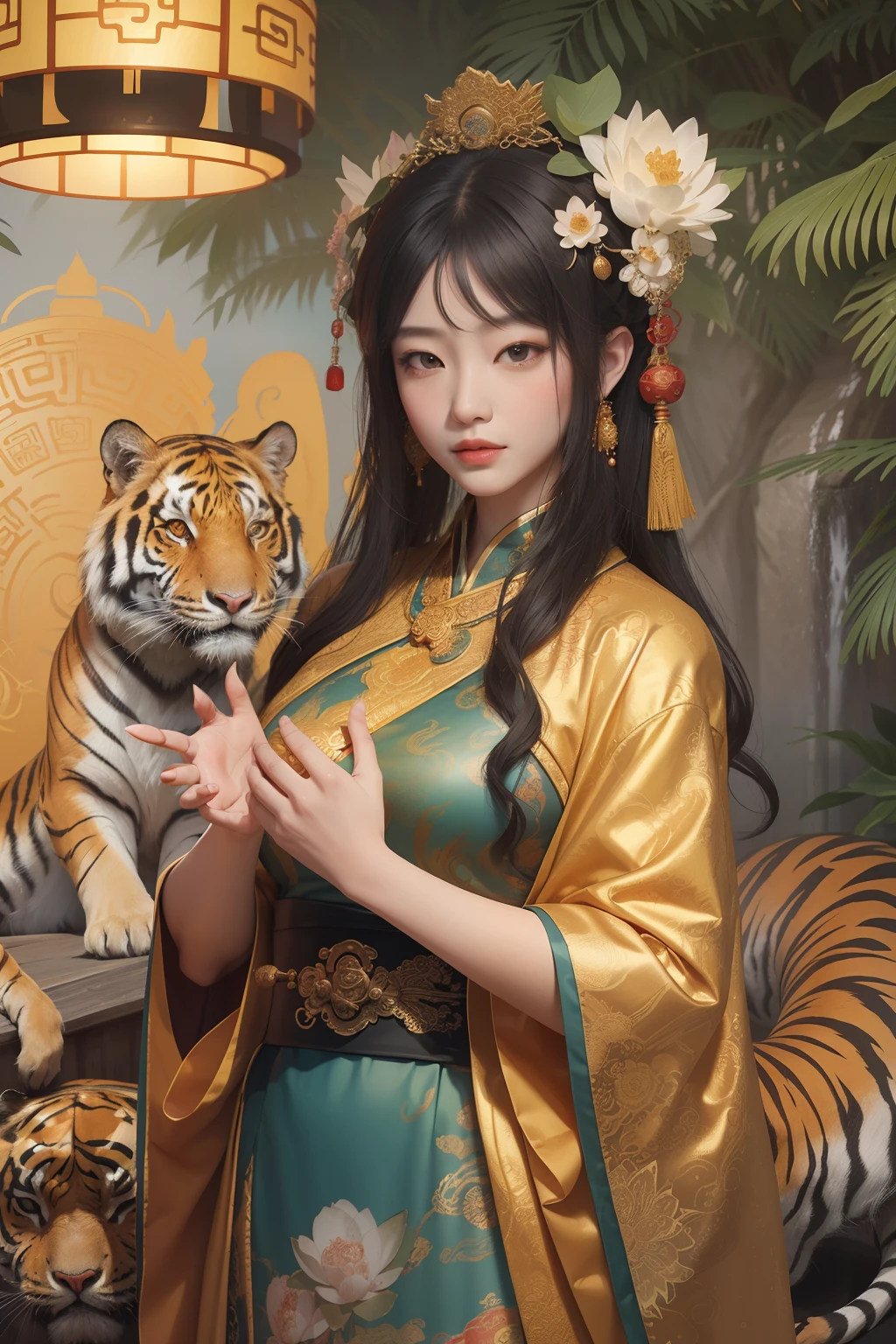 an ancient Chinese goddess, guanyin of the southern seas, Guanyin, Inspired by China, Avalokiteshvara rides a tiger，,Serene expression,shui mo hua,Buddha,Buddhist,Lotus,Chinese painting style,Thangka style