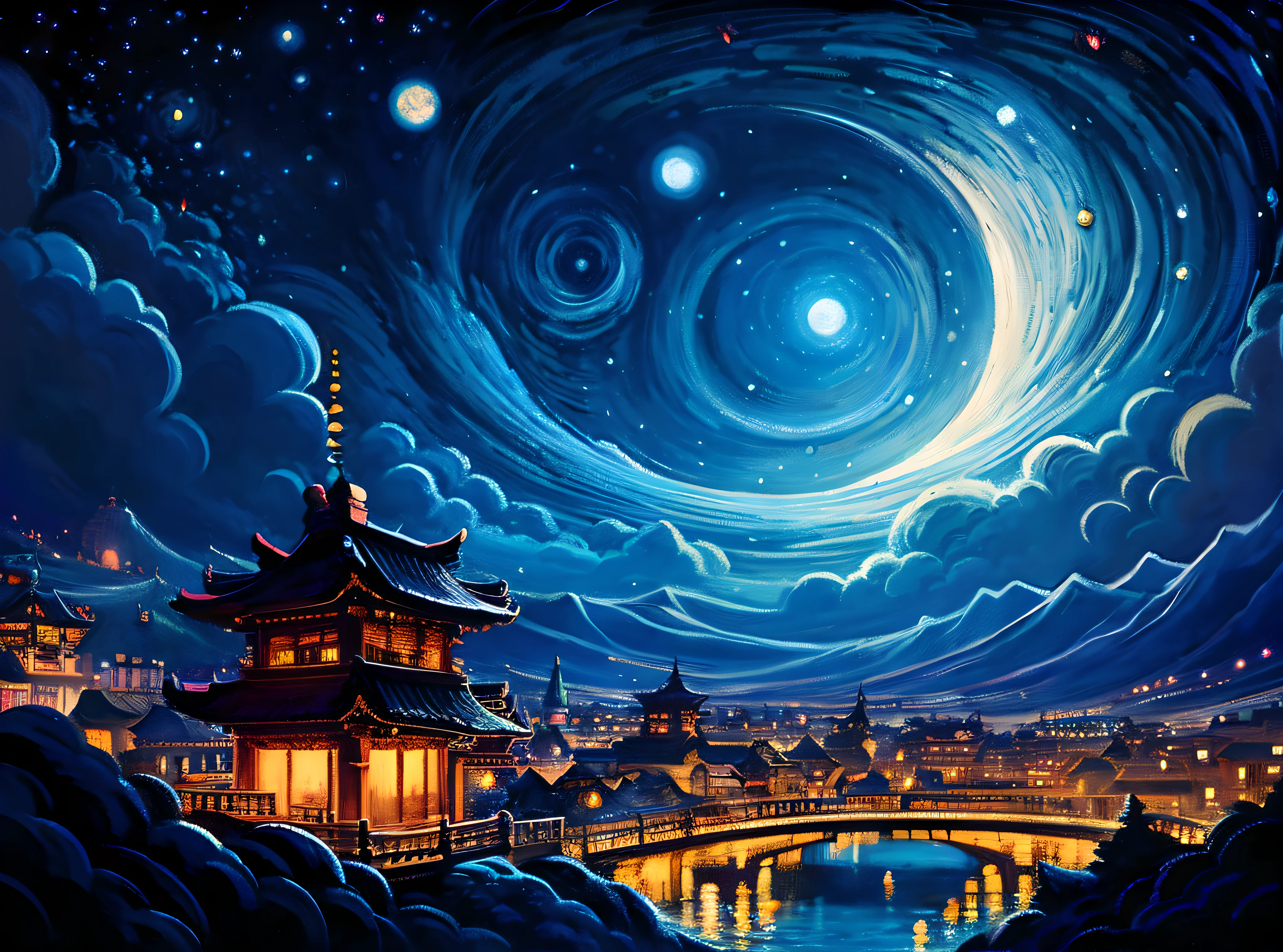 Night view with pagoda and bridge over the river, studio ghibli and dan mumford, painting by dan mumford, 4k highly detailed digital art, landscape artwork, dan mumford paint, nighttime scene, stunning art style, highly detailed digital painting, detailed dreamscape, scenery art detailed, Beautiful art UHD 4 K, painting of a dreamscape, intricate digital painting