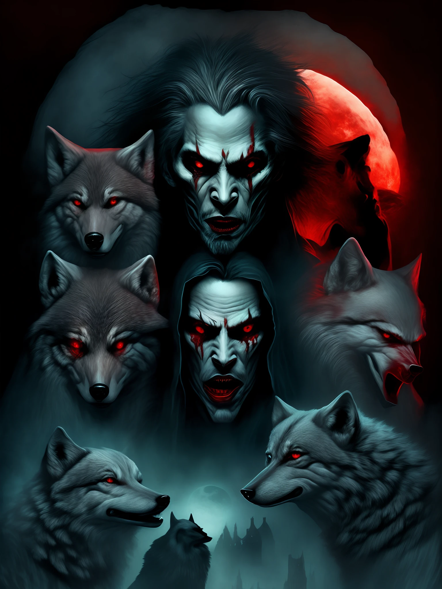 In the moonlight, A red eye,The terrifying vampire elders sat around, When the wolf deftly licks him