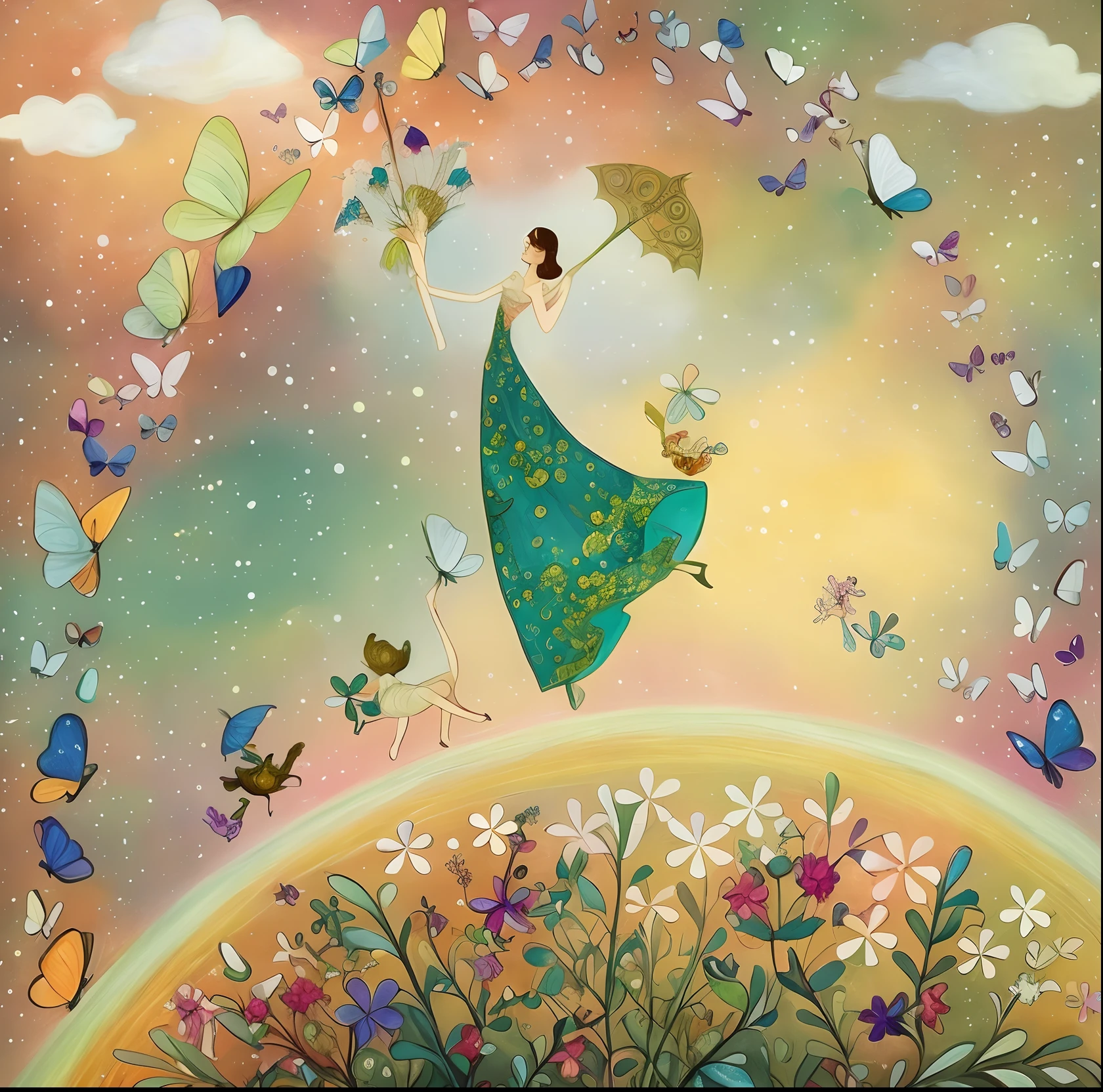 Painting of a woman in a dress flying over a rainbow, inspirado em Ida Rentoul Outhwaite, arte caprichosa, caprichoso!!, Fadas Voadoras, pintura de conto de fadas, ilustrado em estilo caprichoso, caprichoso!!!, Directed by: Fiona Rae, Jane Newland, caprichoso e fofo, whimsical and psychedelic, she is floating in the air, fairy magnificent, a beautiful artwork illustration, arte de conto de fadas