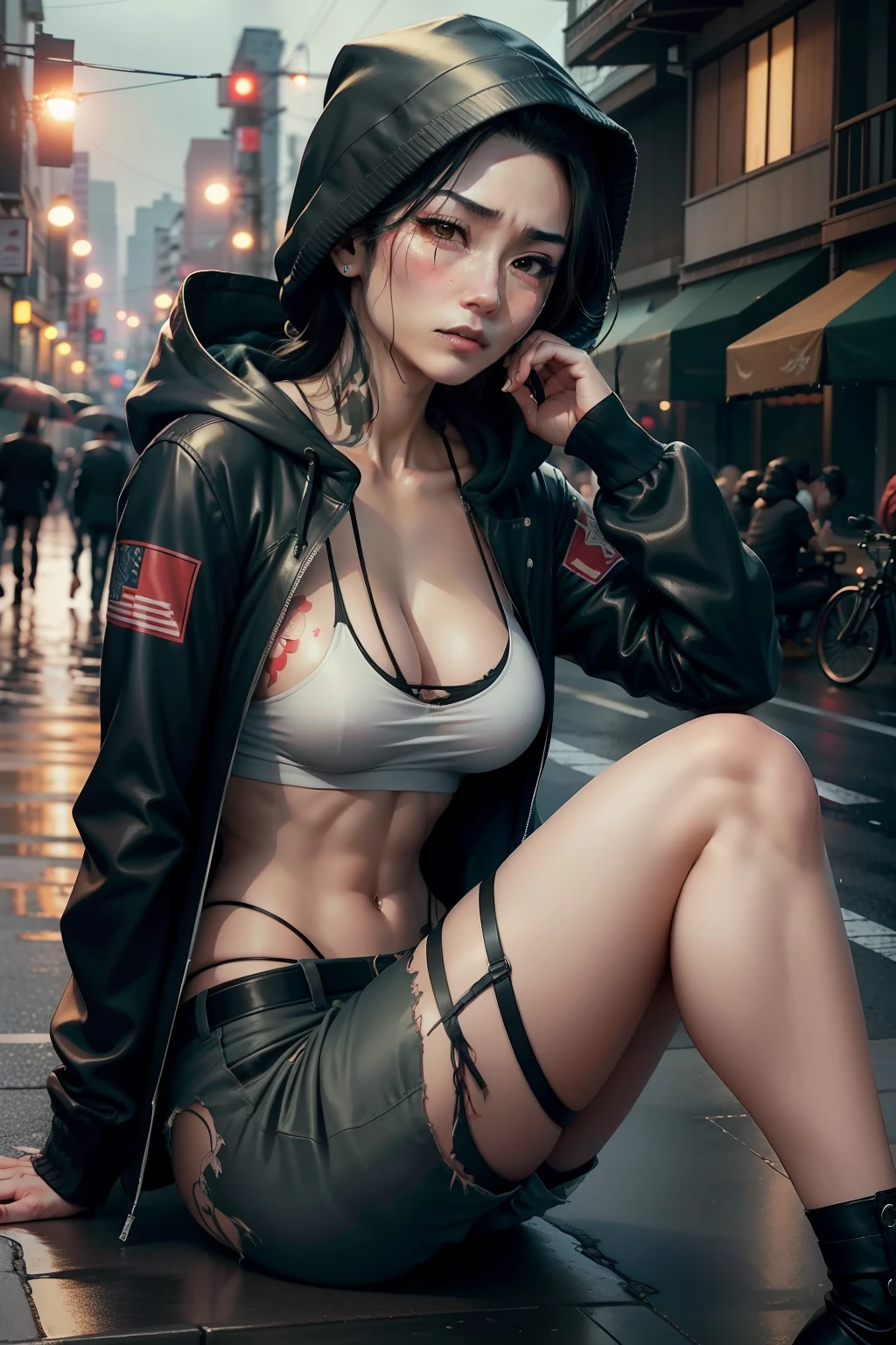 Mulher japonesa com tatuagens yakuza usando uma regata, military pants and a hood with a torn hood, sitting on a sidewalk on the street as it rains at night and crying with an expression of sadness