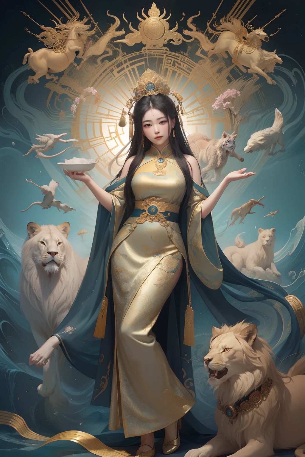 an ancient Chinese goddess, guanyin of the southern seas, Guanyin, Inspired by China, Avalokiteshvara rides a lion,,Serene expression,shui mo hua,Buddha,Buddhist,Lotus,Chinese painting style,Thangka style