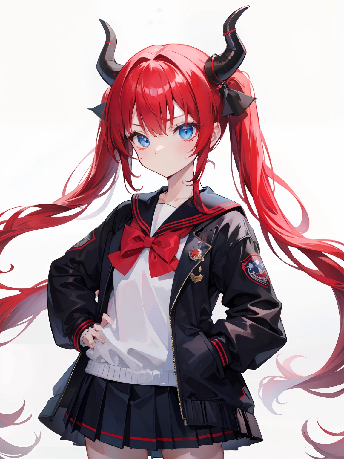 red hair, blue eyes, twintails, Sailor suit,black coat, Dragon horns,Pleated skirt,solo,li,cute,bow