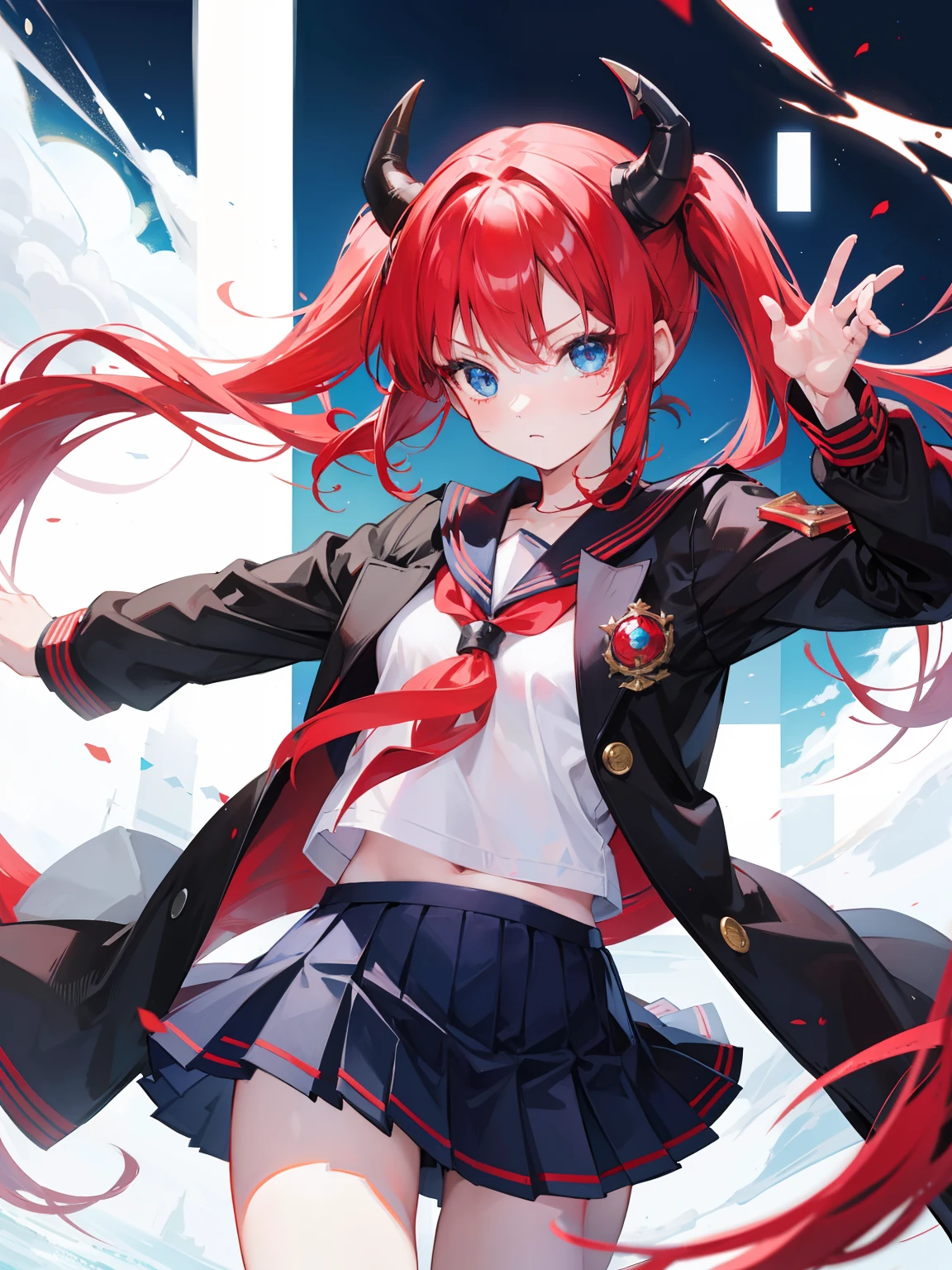red hair, blue eyes, twintails, Sailor suit,black coat, Dragon horns,Pleated skirt,solo,loli,cute,bow