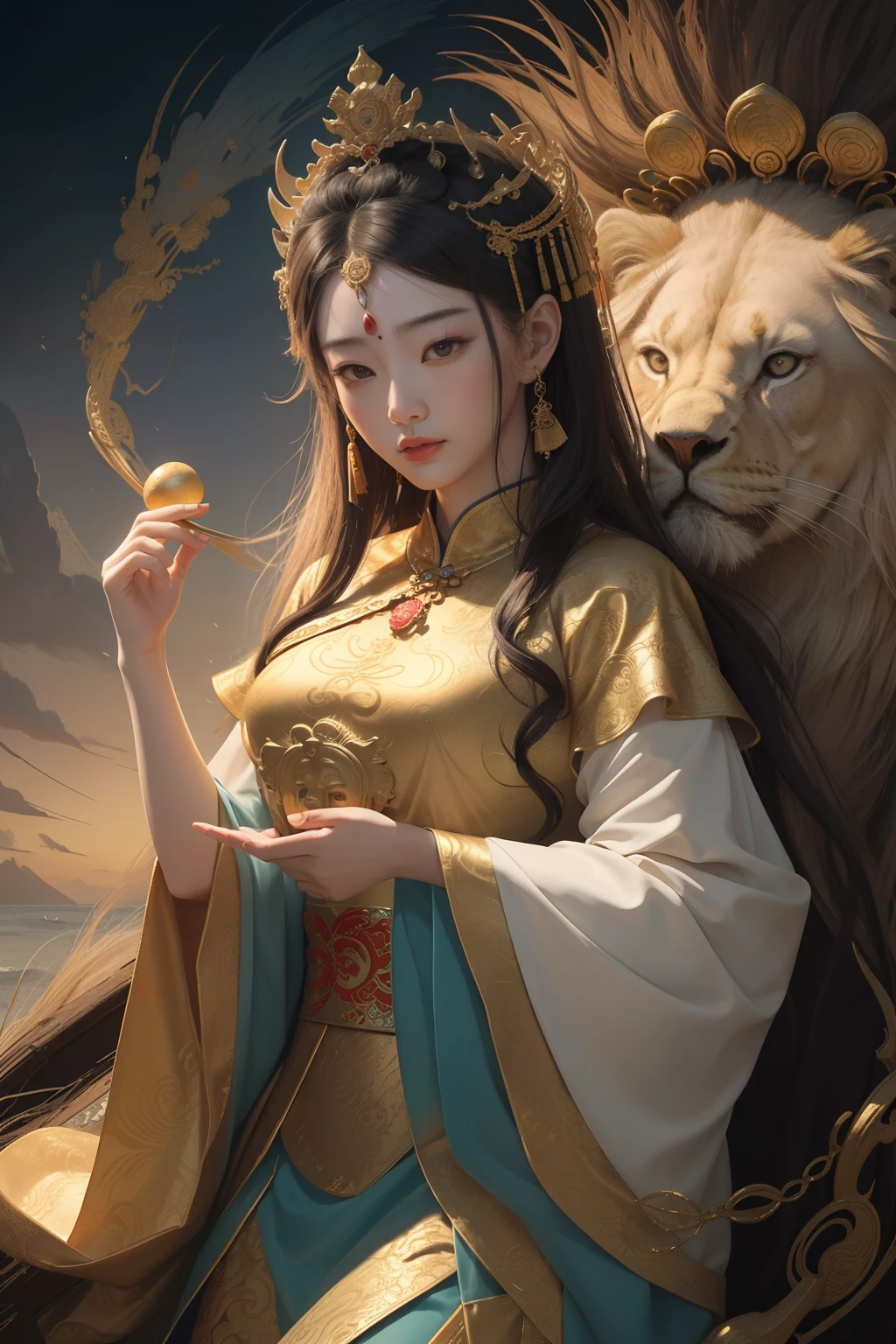 an ancient Chinese goddess, guanyin of the southern seas, Guanyin, Inspired by China, Avalokiteshvara rides a lion,,Serene expression,shui mo hua,Buddha,Buddhist,Lotus,Chinese painting style,Thangka style