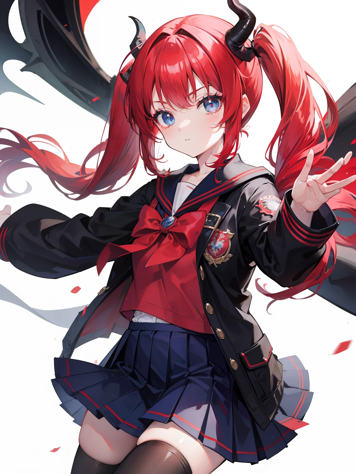 red hair, blue eyes, twintails, Sailor suit,black coat, Dragon horns,Pleated skirt,solo,loli,cute,bow