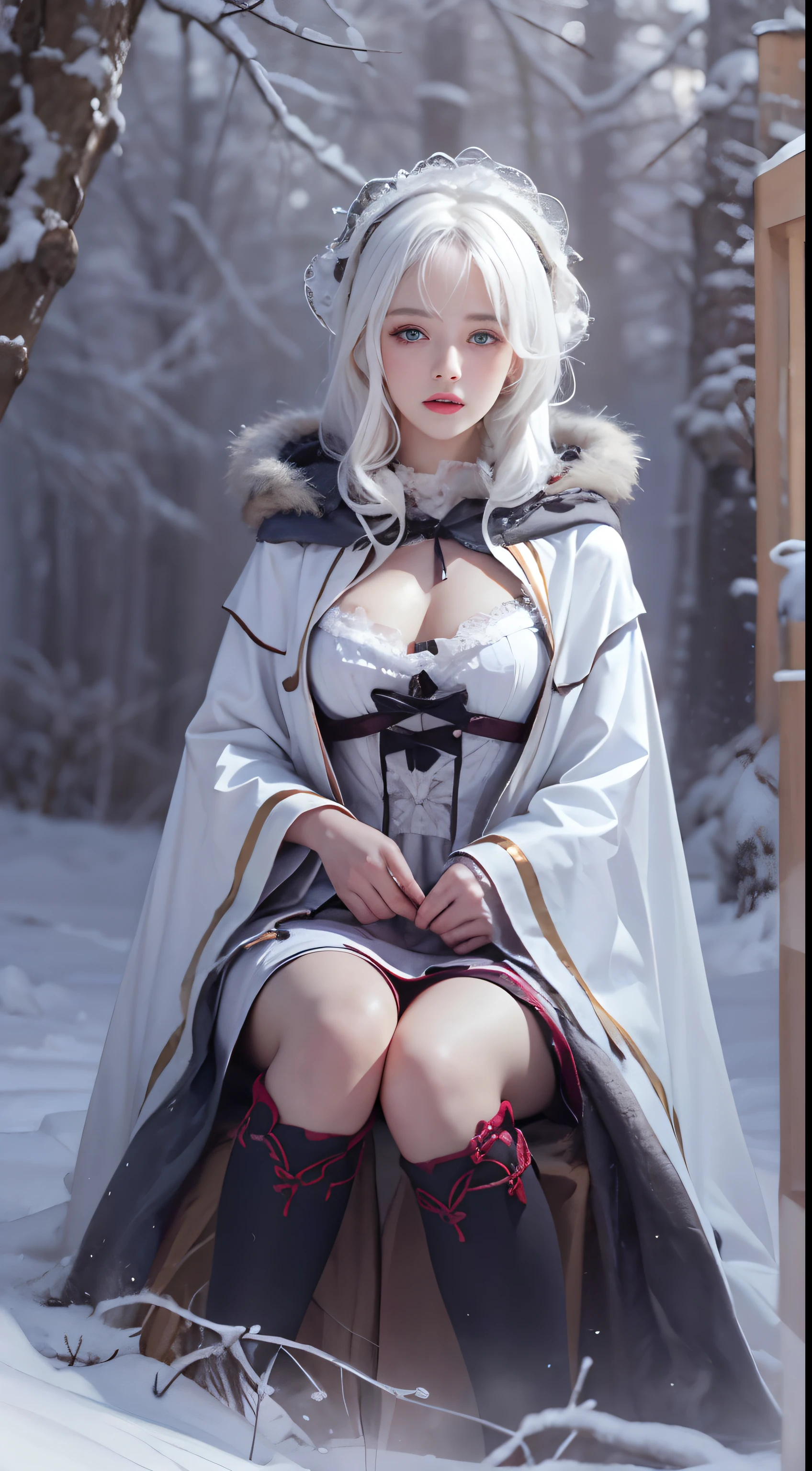 Photorealistic, high resolution, 1 Women, Solo, Hips up,(ta costume), Beautiful eyes, White hair, ringed eyes, (Sit,Cloak,),snowfield,