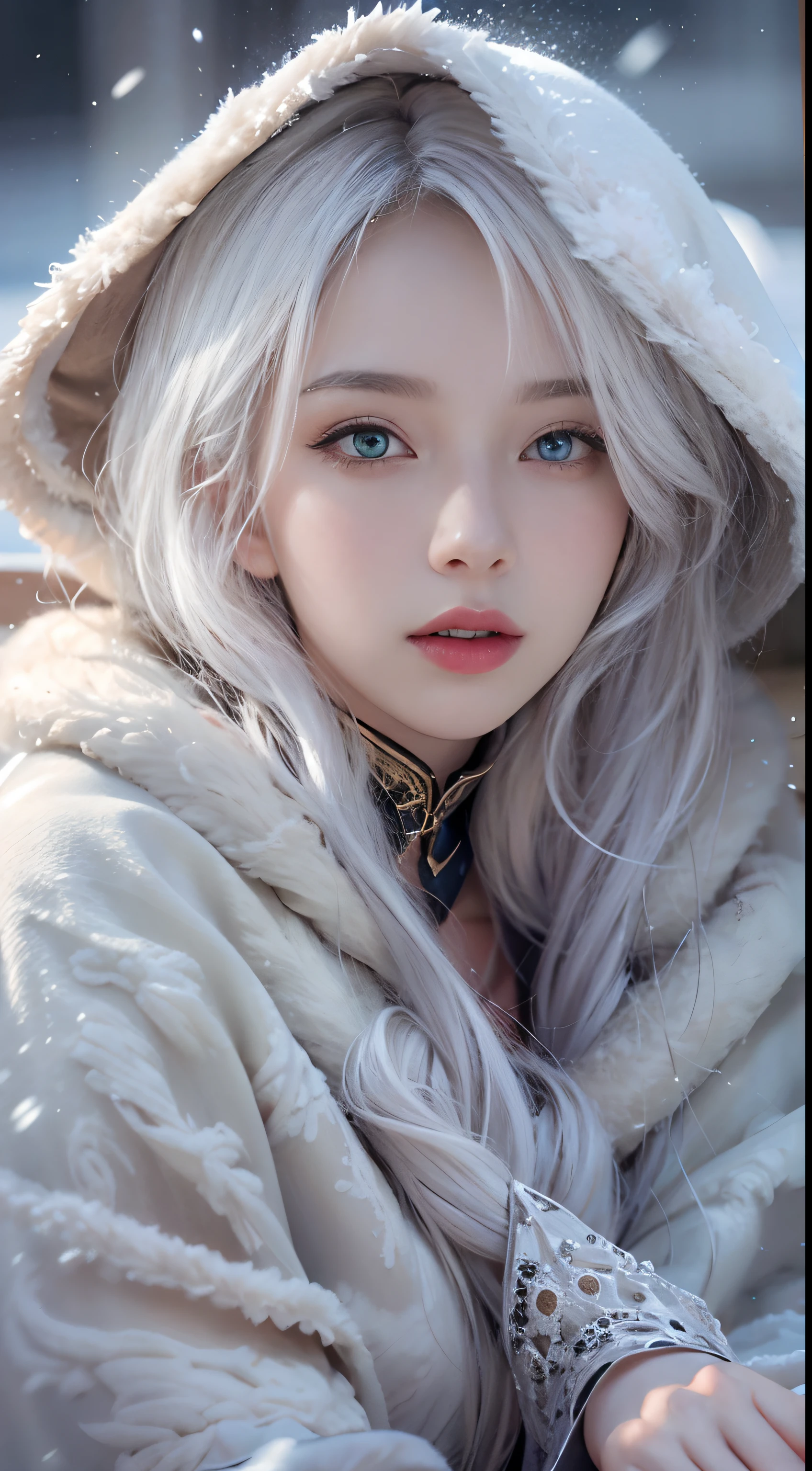 Photorealistic, high resolution, 1 Women, Solo, Hips up,(ta costume), Beautiful eyes, White hair, ringed eyes, (Sit,Cloak,),snowfield,