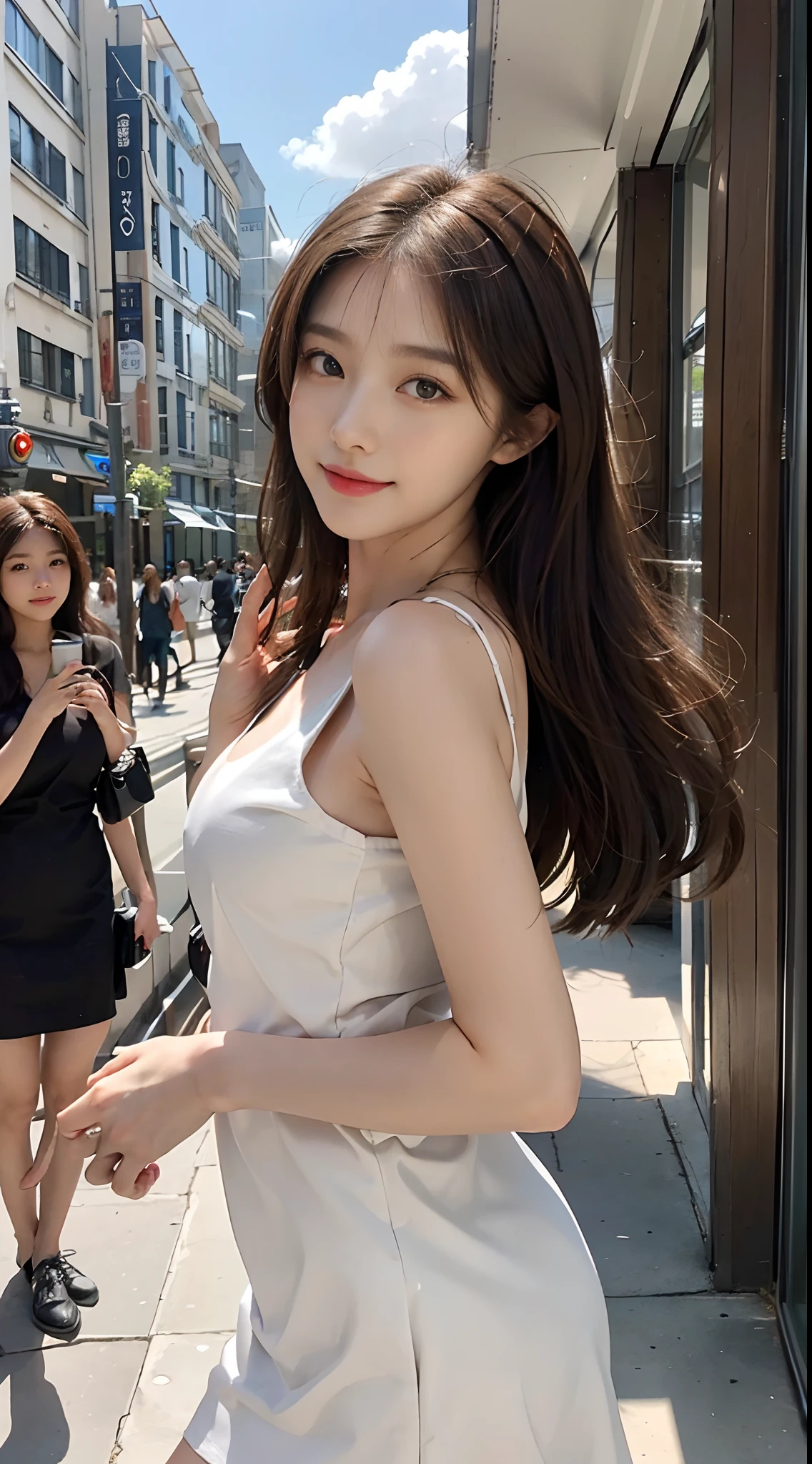 ((Best picture quality, 8K, tmasterpiece: 1.3)), self-shot, Sharp focus: 1.2, A cute beauty with a perfect figure: 1.4, Slim big breasts, ((Brown hair black)) , (Small flesh-colored dress，Highly detailed face，Happy expression，standing on your feet：1.2），（（A city with blue skies and white clouds，At the cafe：1.3. Produced with a major focus on women）），Highly detailed facial and skin texture，Detailed eyes，二重まぶた