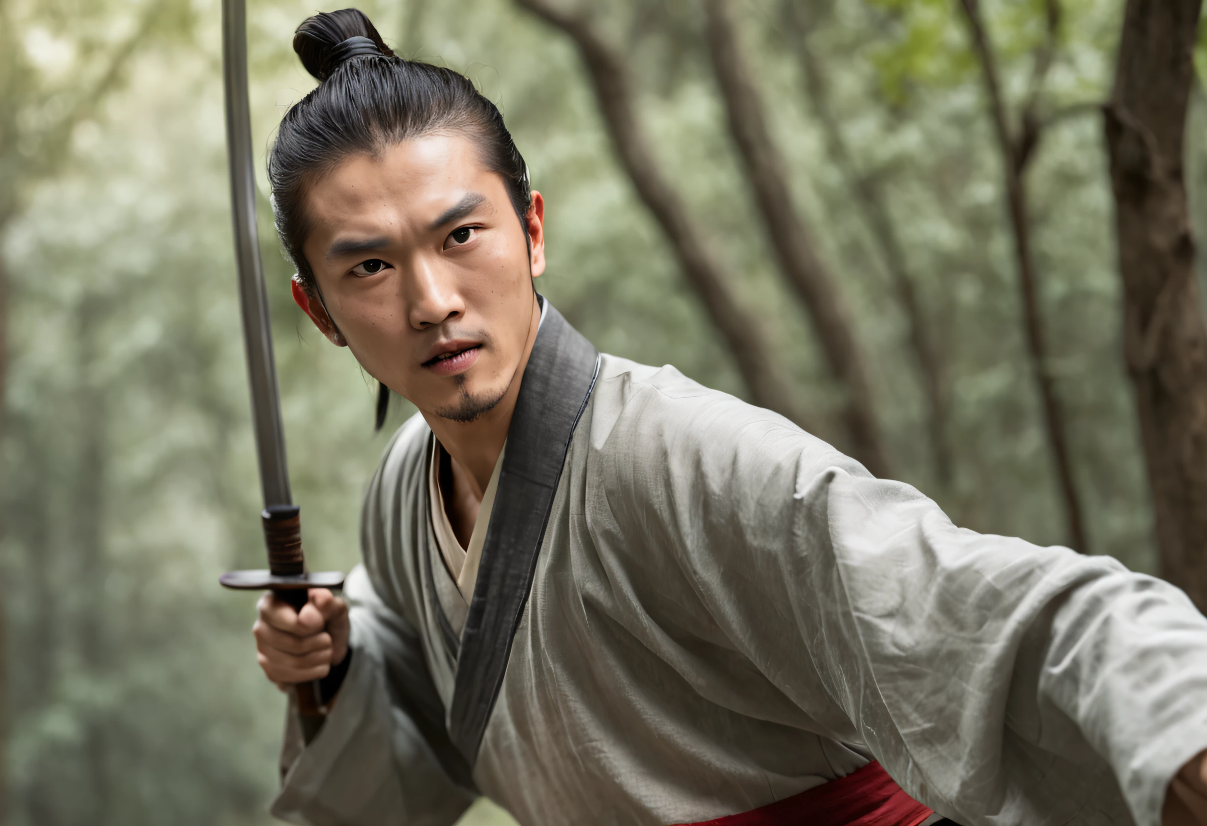 an extreme closeup shot:Young male swordsman of the Song Dynasty,Hair soars,Wielding a long sharp knife,The eyes are cold。Fighting posture,Motion blur,perfect hand,Bamboo forest in the wind,lightand shade contrast,top views,Focus on people。Depth of field 1.5。Chinese ink splash painting style,Drawn by Zhang Daqian。