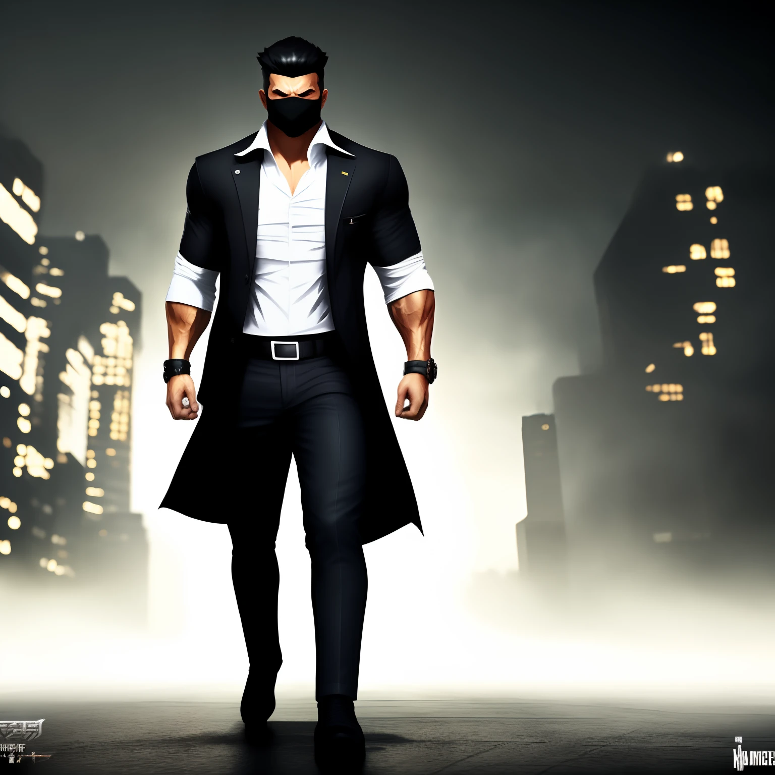A game character, man, cool, strong, have black jacket and white shirt , black ClothMask , black hair , red eyes , ( masterpiece ) , Muscle man , black jacket over a full white shirt , city background , charging effect , charging his energy pose