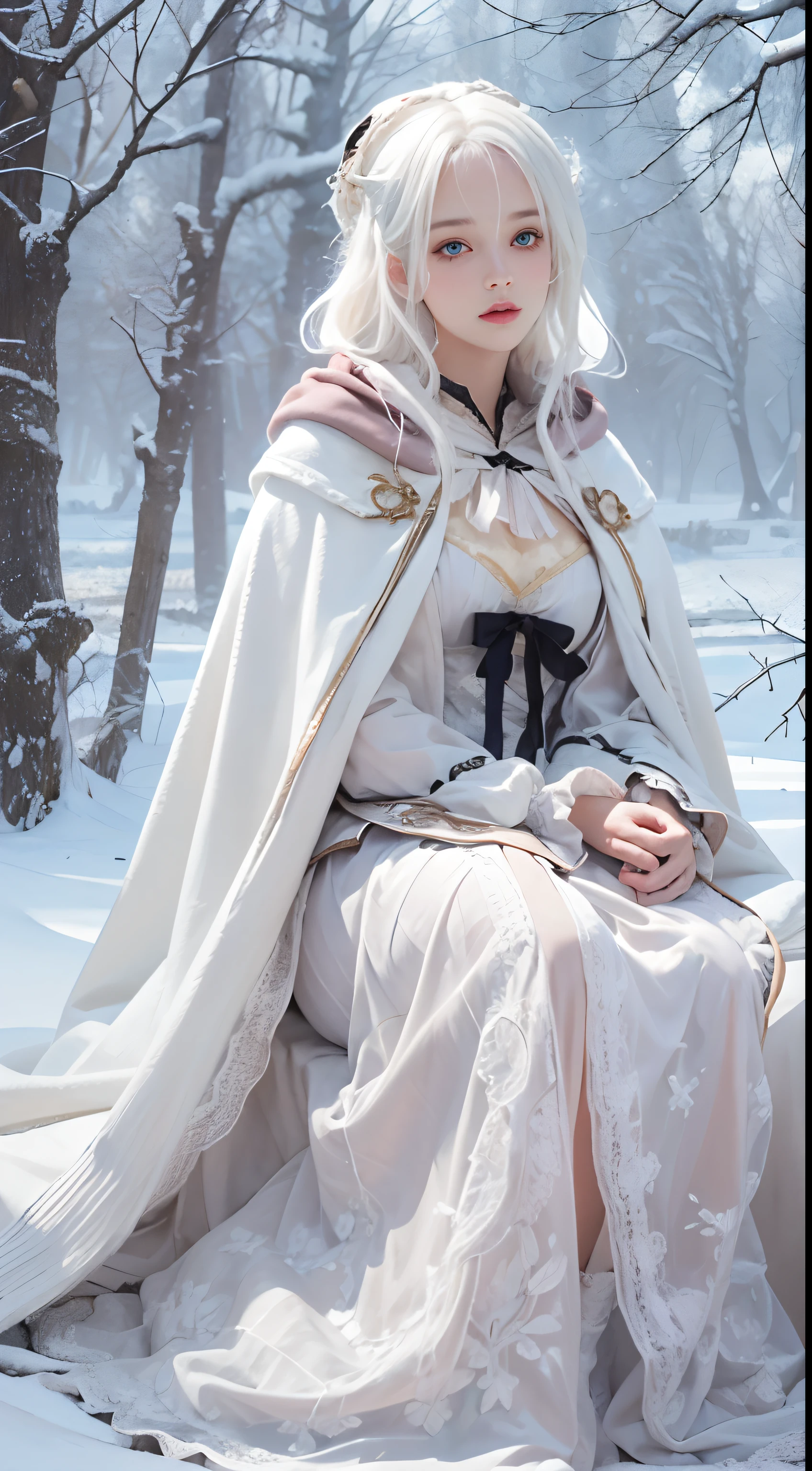 Photorealistic, high resolution, 1 Women, Solo, Hips up,(ta costume)， Beautiful eyes, White hair, ringed eyes, (Sit，Cloak，)，snowfield，